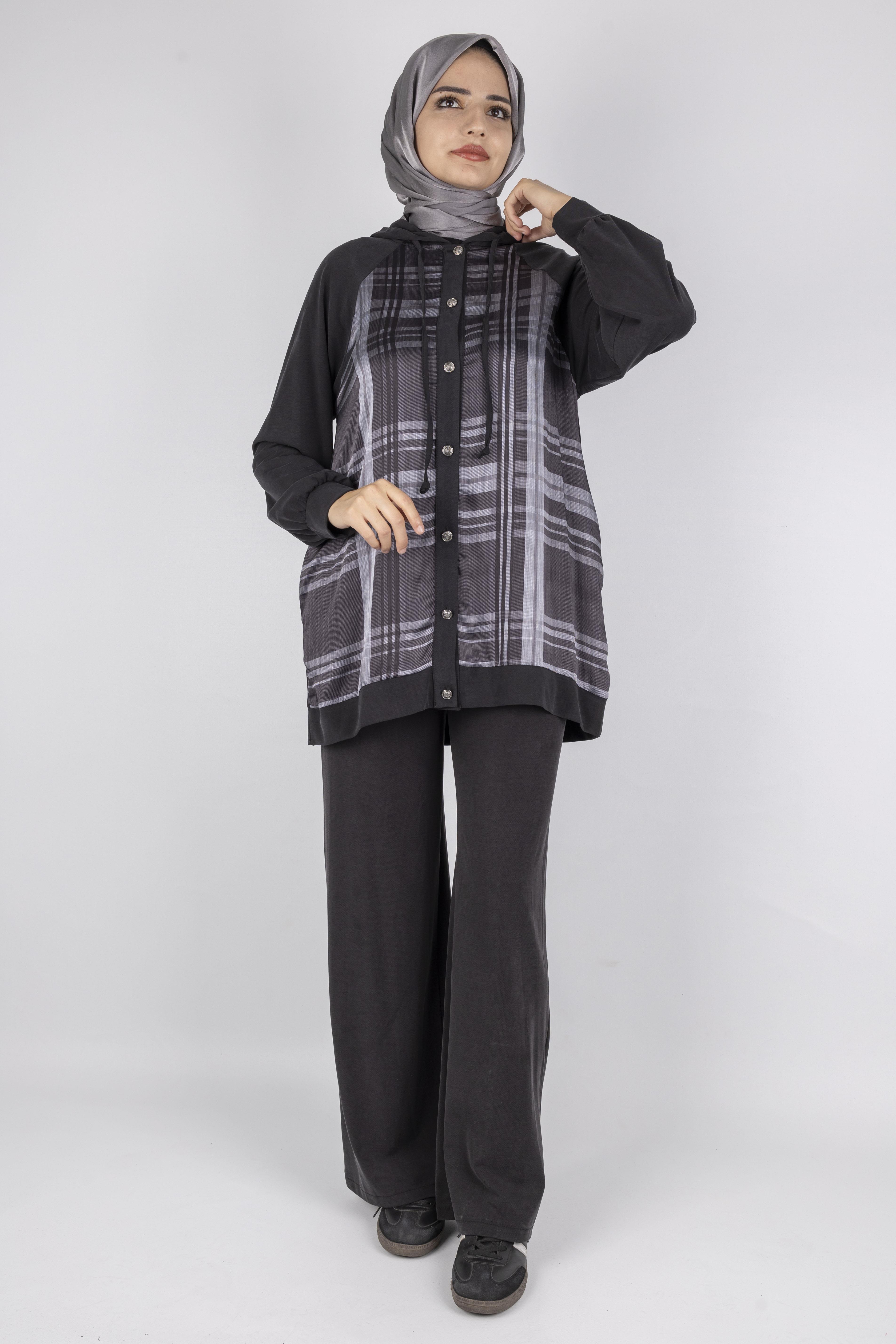 Ekose Desenli Düğmeli Üçlü  Takım Siyah OTW8568