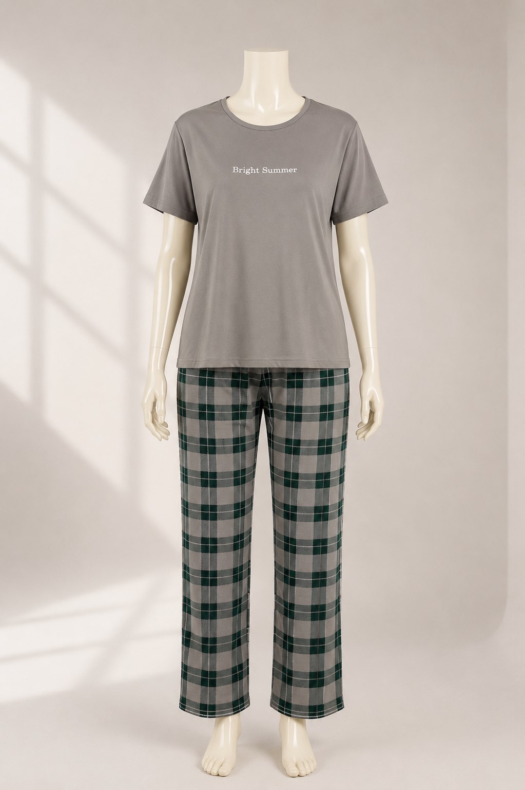 Ekose Pantolonlu Kısa Kollu Pijama Takımı Gri OTW50502