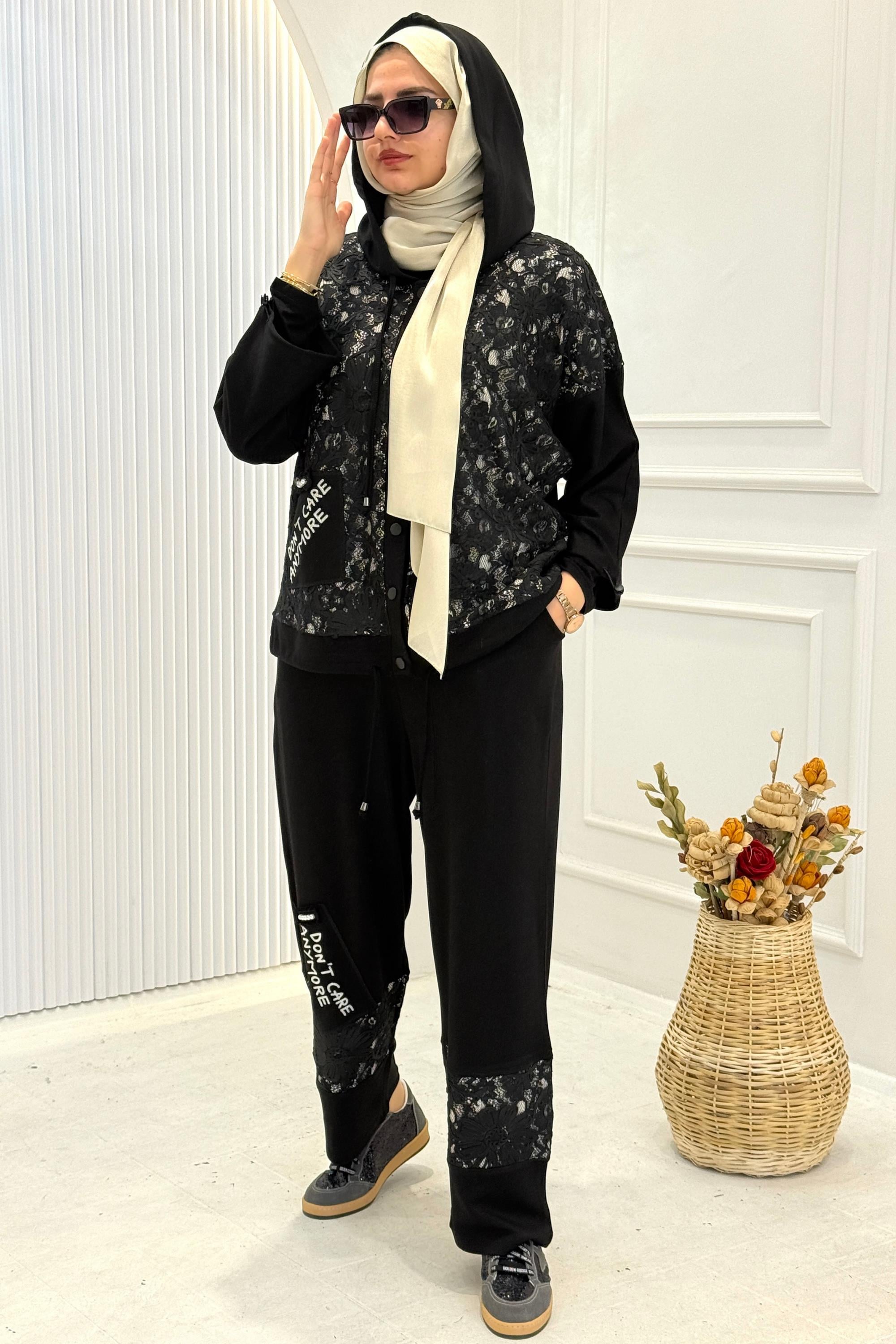 Fermuarlı Kapüşonlu Dantel Detaylı Takım Siyah OTW9858