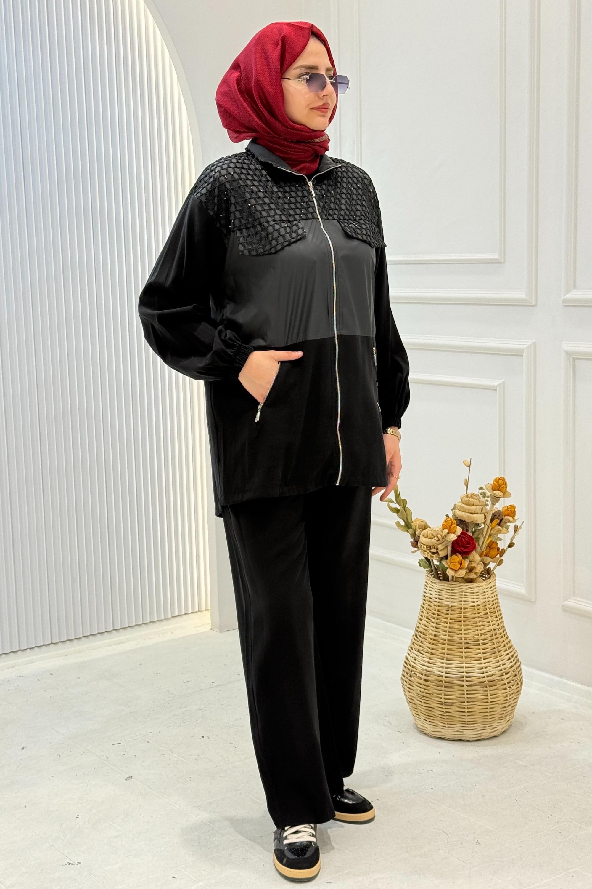 File Detaylı Fermuarlı Pantolonlu Takım Siyah OTW8601