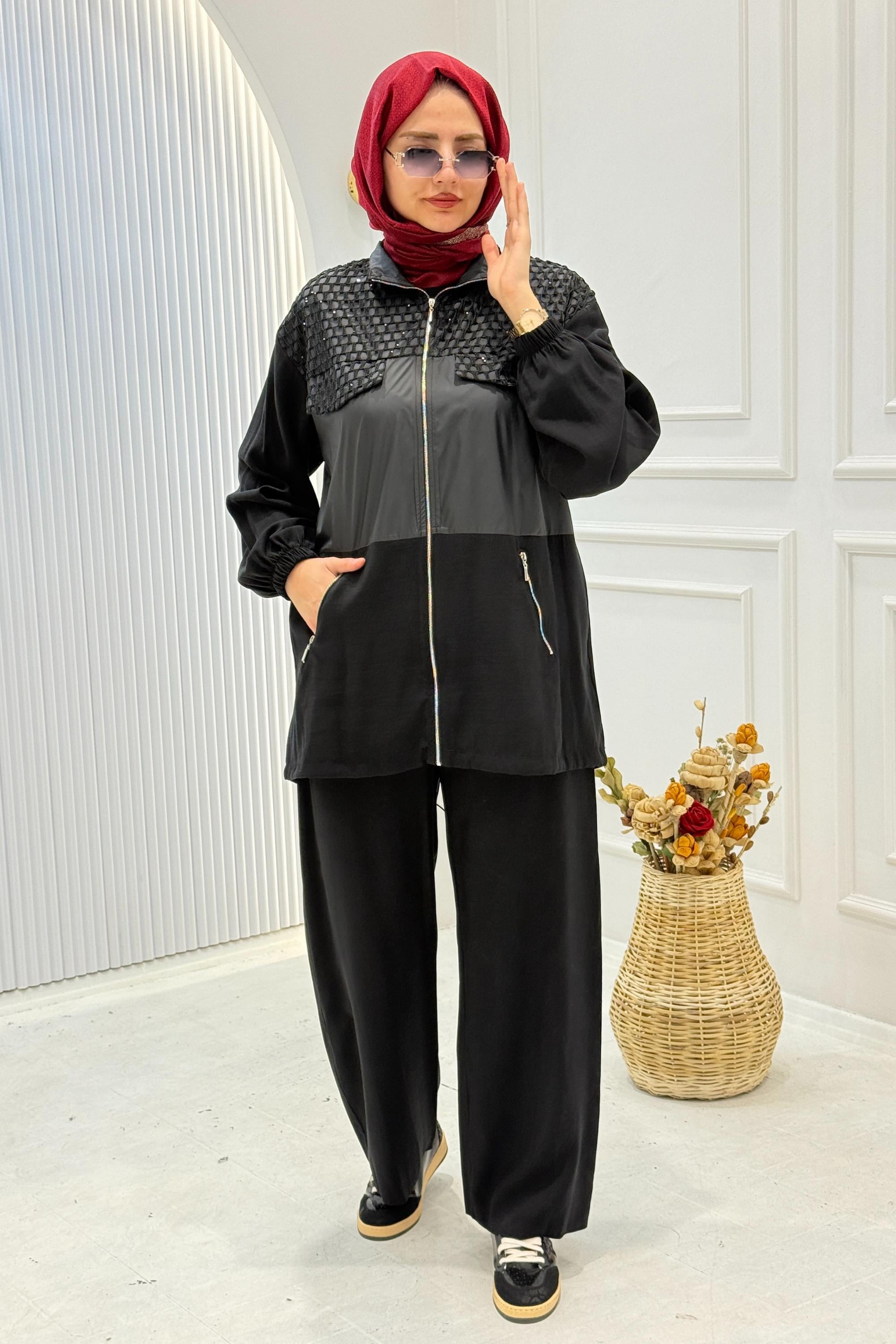 File Detaylı Fermuarlı Pantolonlu Takım Siyah OTW8601