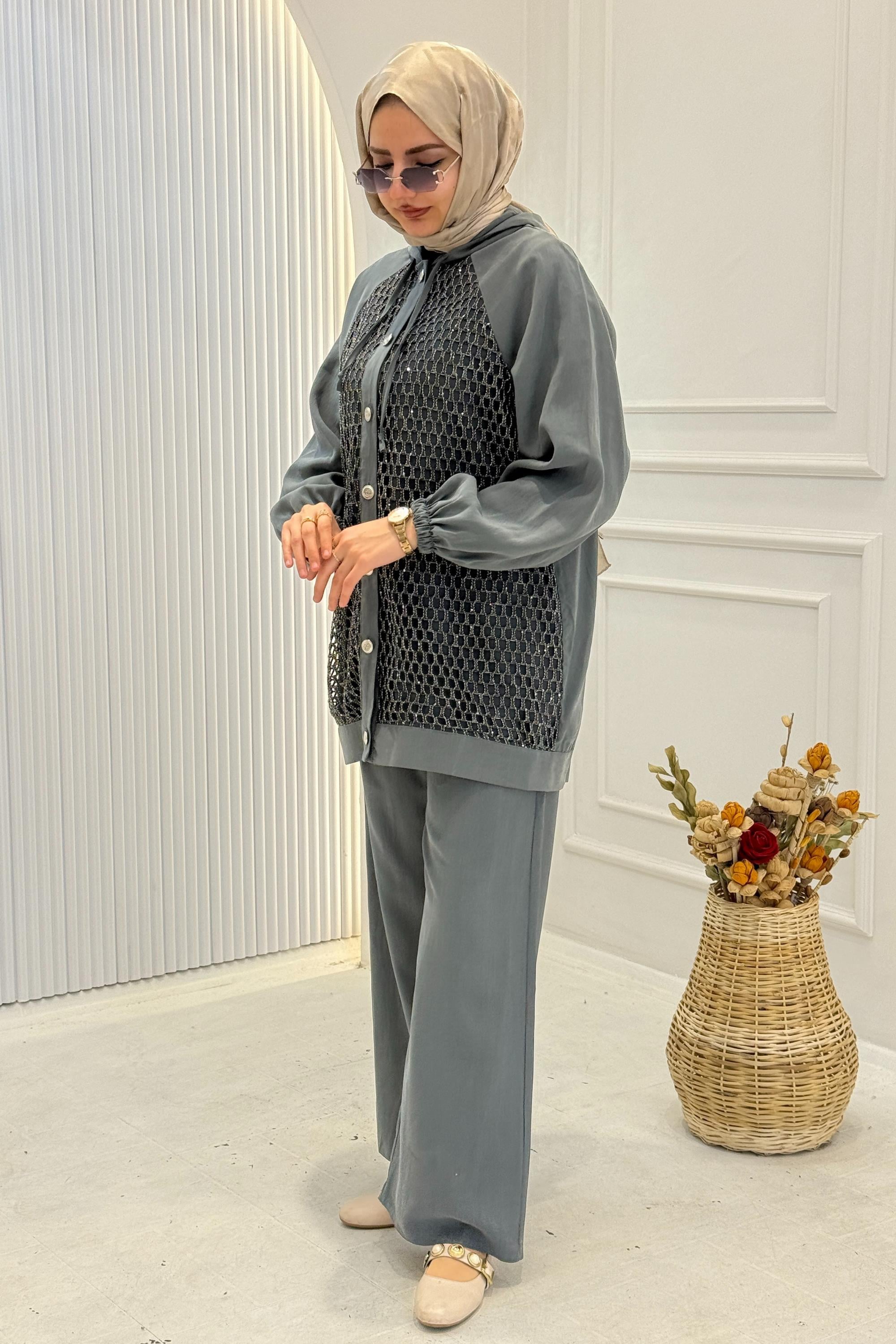 File Detaylı Tensel Kumaş Takım Mint OTW8617