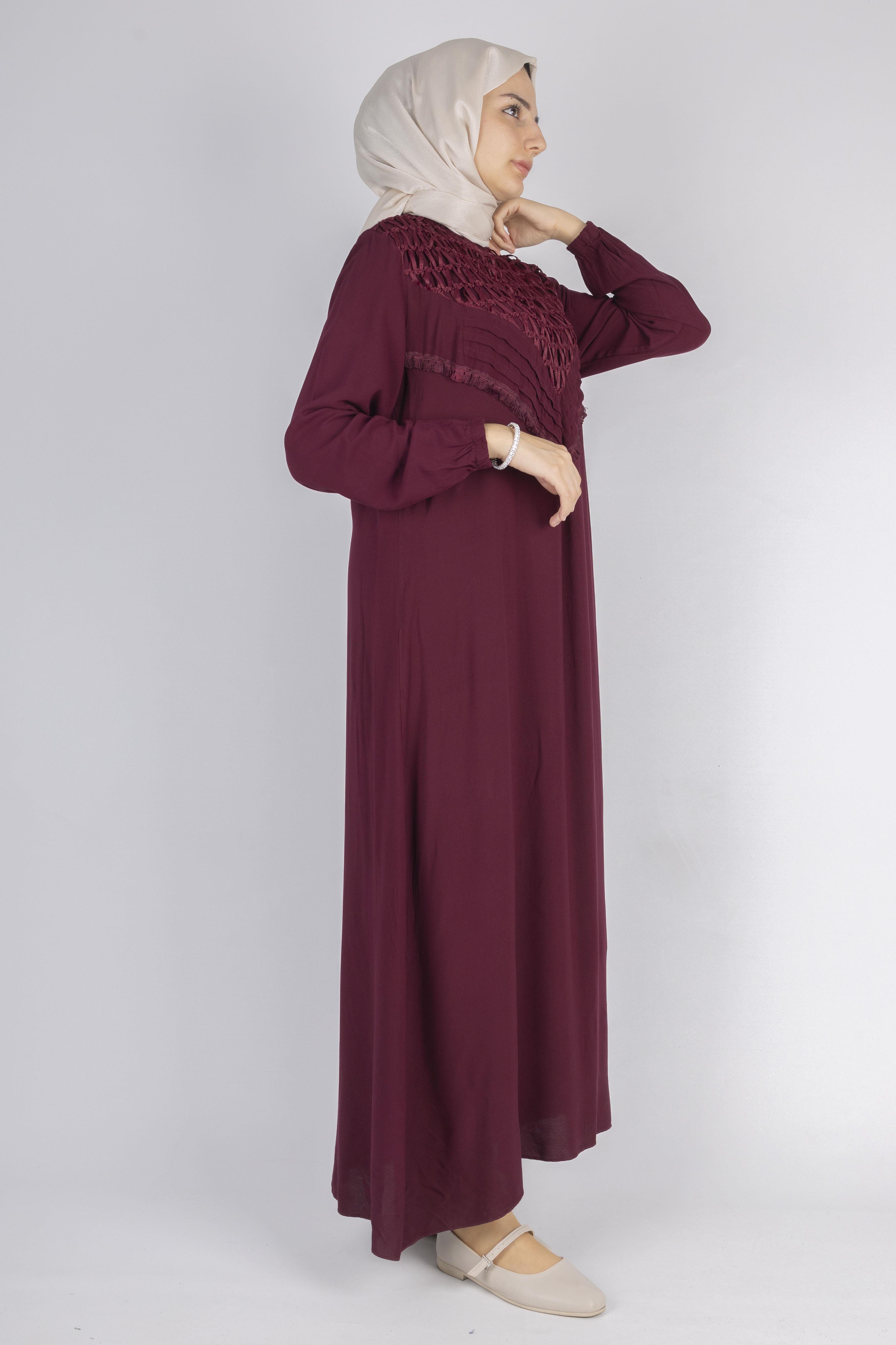 File İşlemeli Göğüs Detaylı Maxi Elbise Bordo OTW562