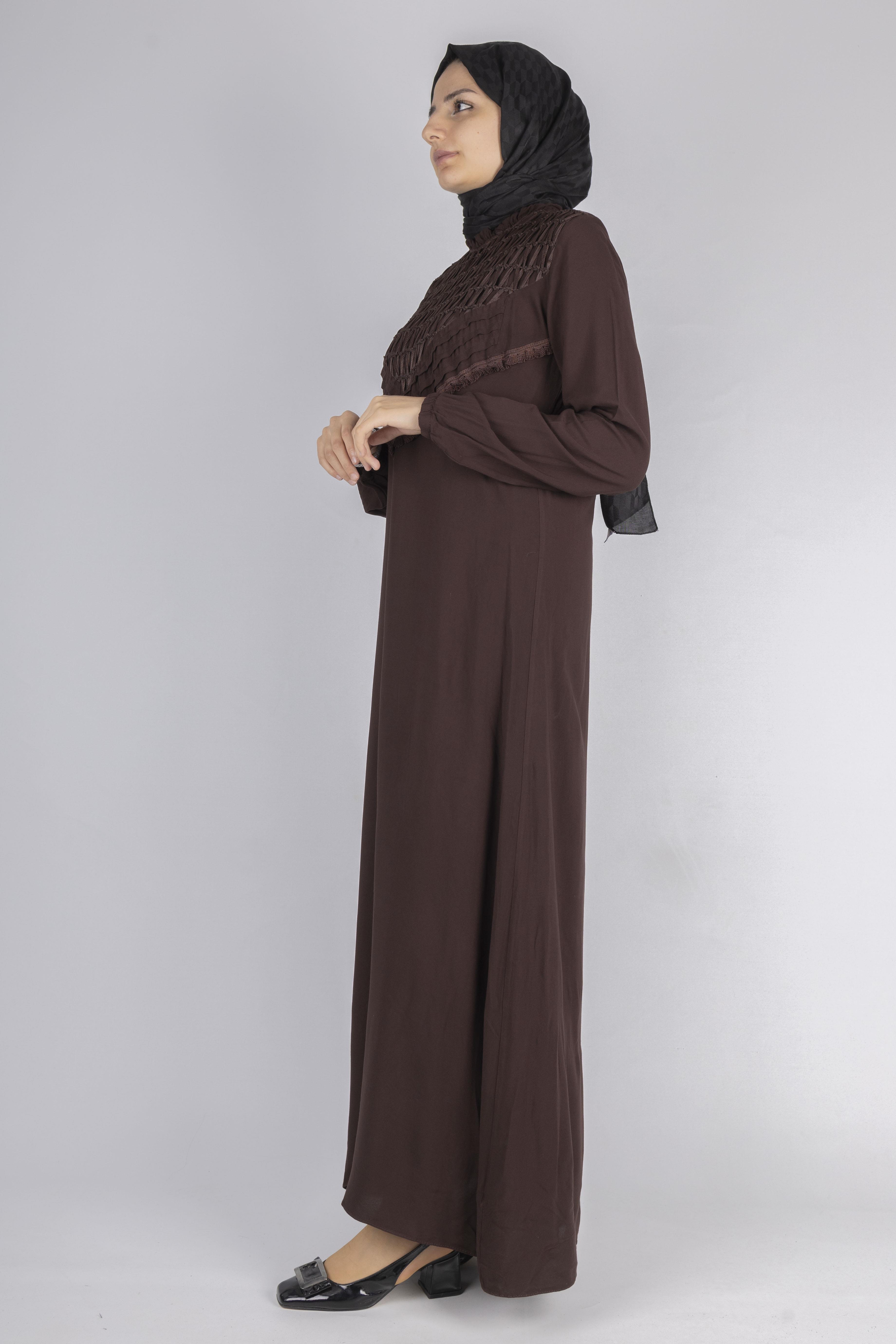 File İşlemeli Göğüs Detaylı Maxi Elbise Kahve OTW562