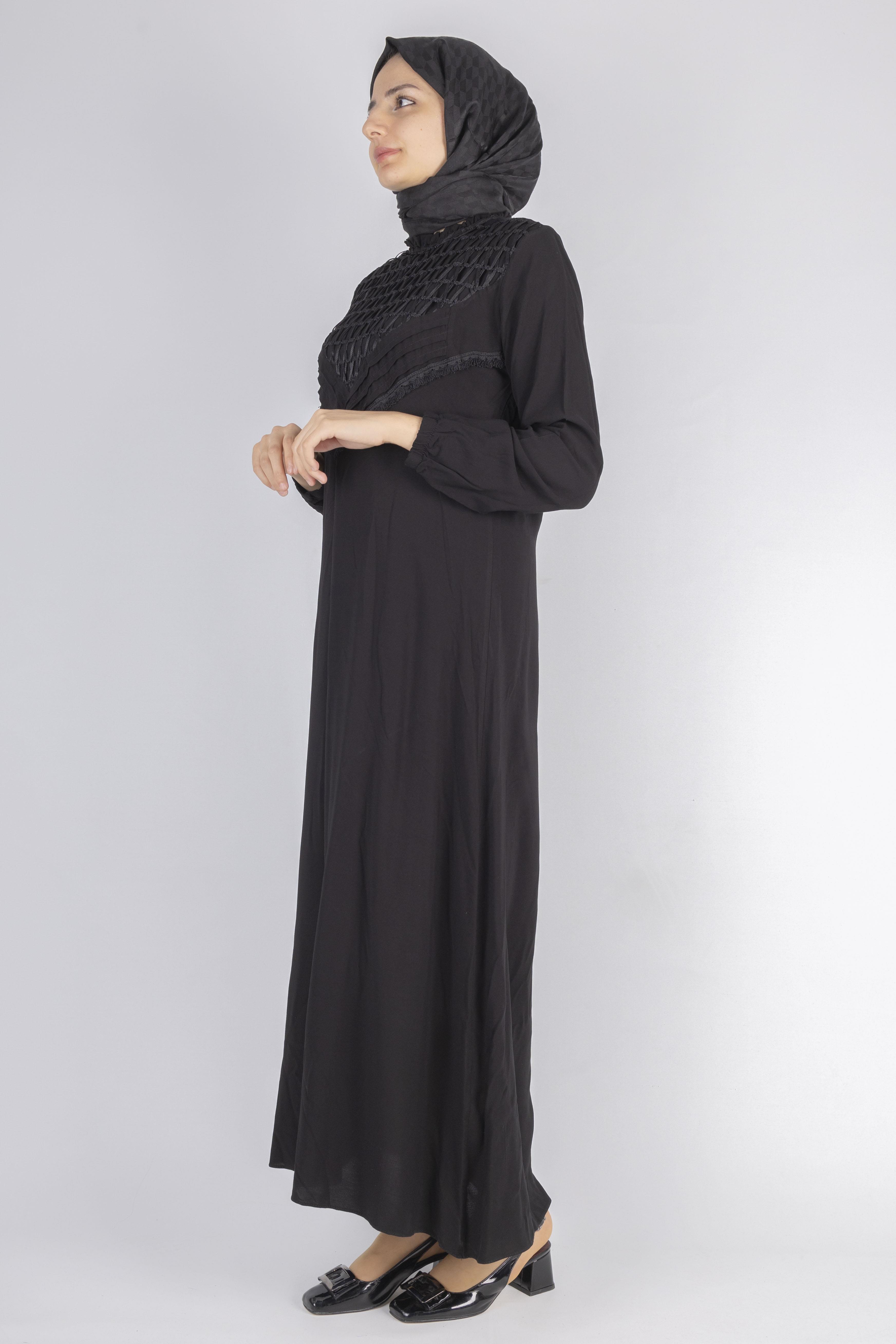 File İşlemeli Göğüs Detaylı Maxi Elbise Siyah OTW562