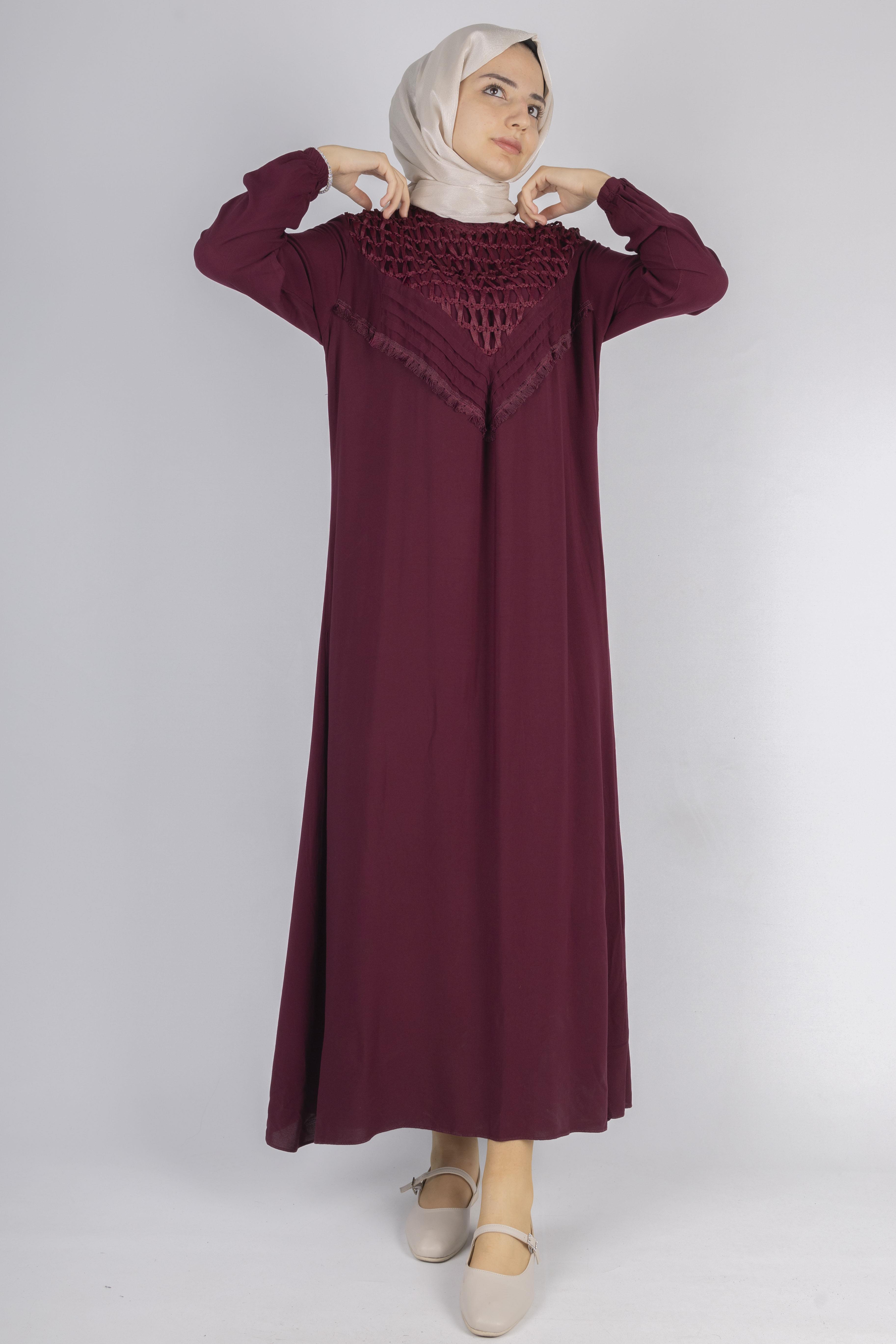File İşlemeli Göğüs Detaylı Maxi Elbise Bordo OTW562