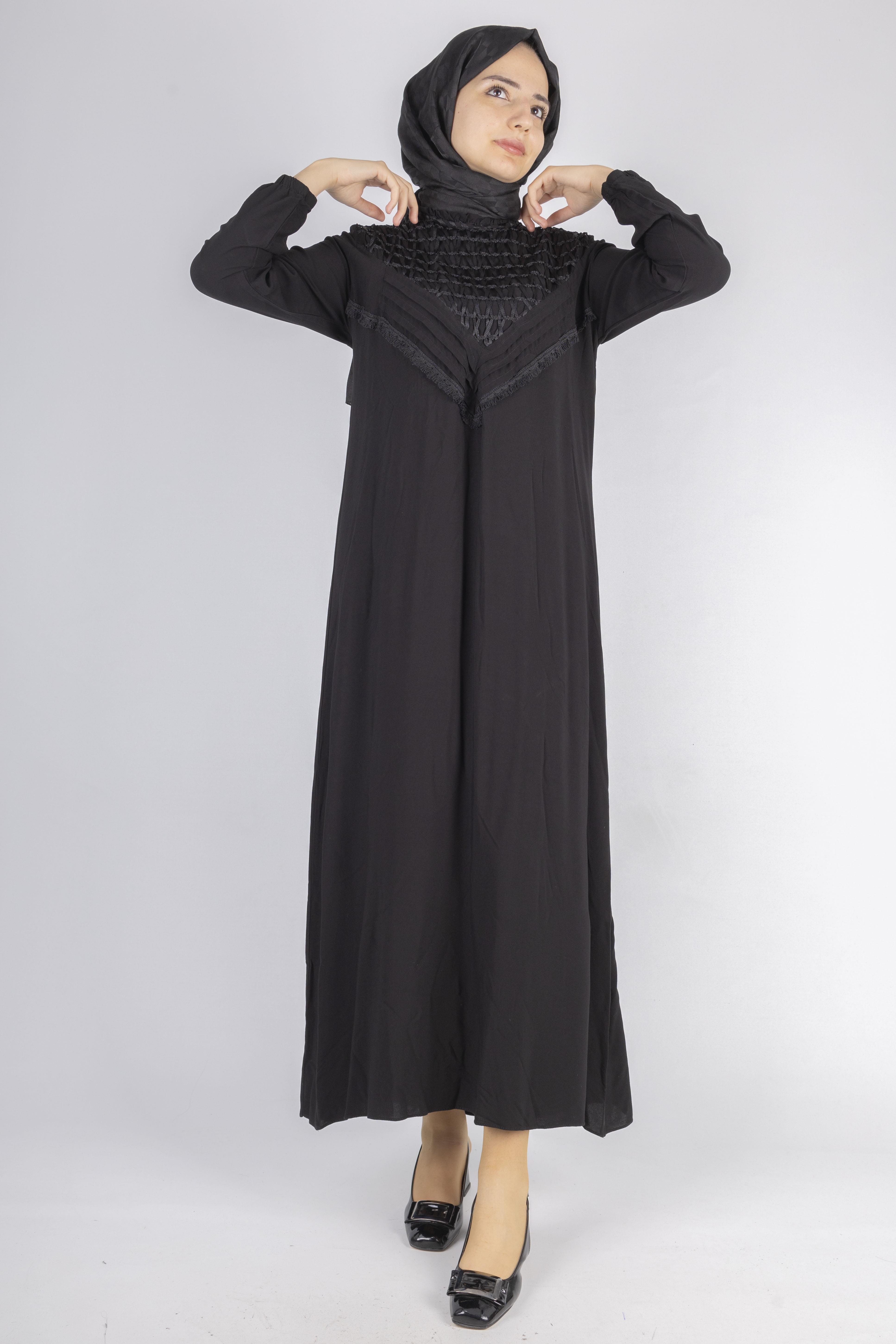 File İşlemeli Göğüs Detaylı Maxi Elbise Siyah OTW562