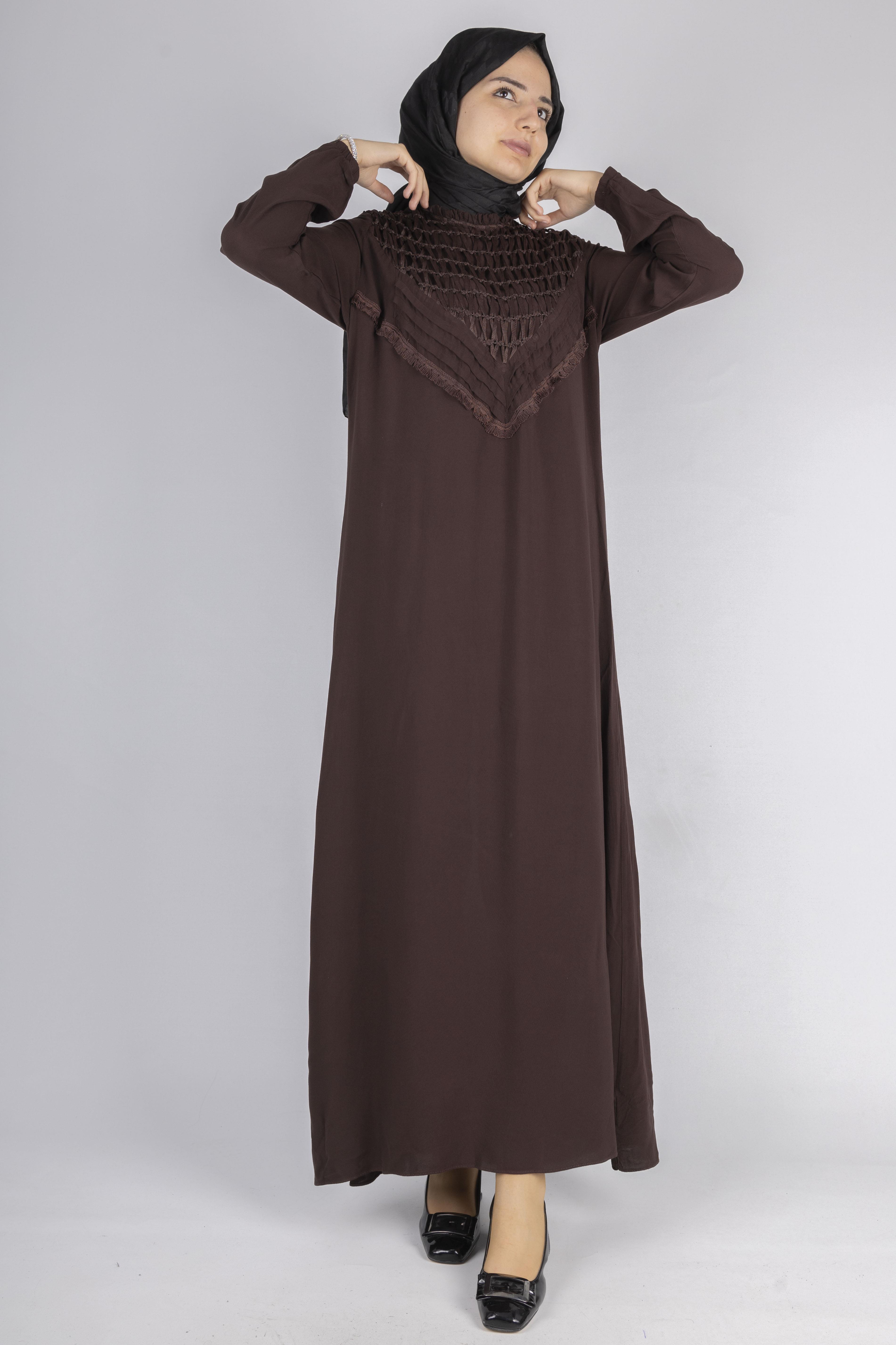 File İşlemeli Göğüs Detaylı Maxi Elbise Kahve OTW562