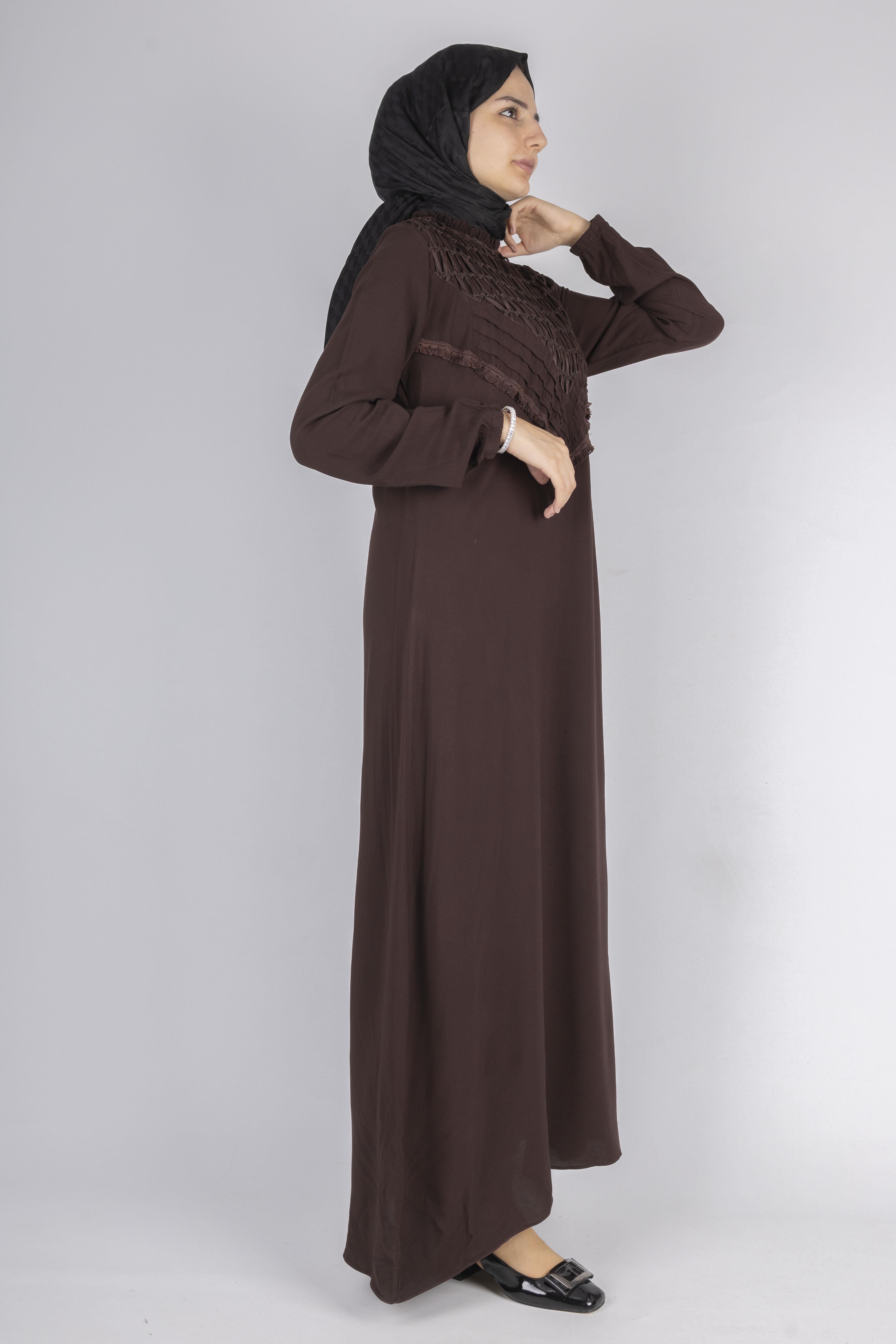 File İşlemeli Göğüs Detaylı Maxi Elbise Kahve OTW562