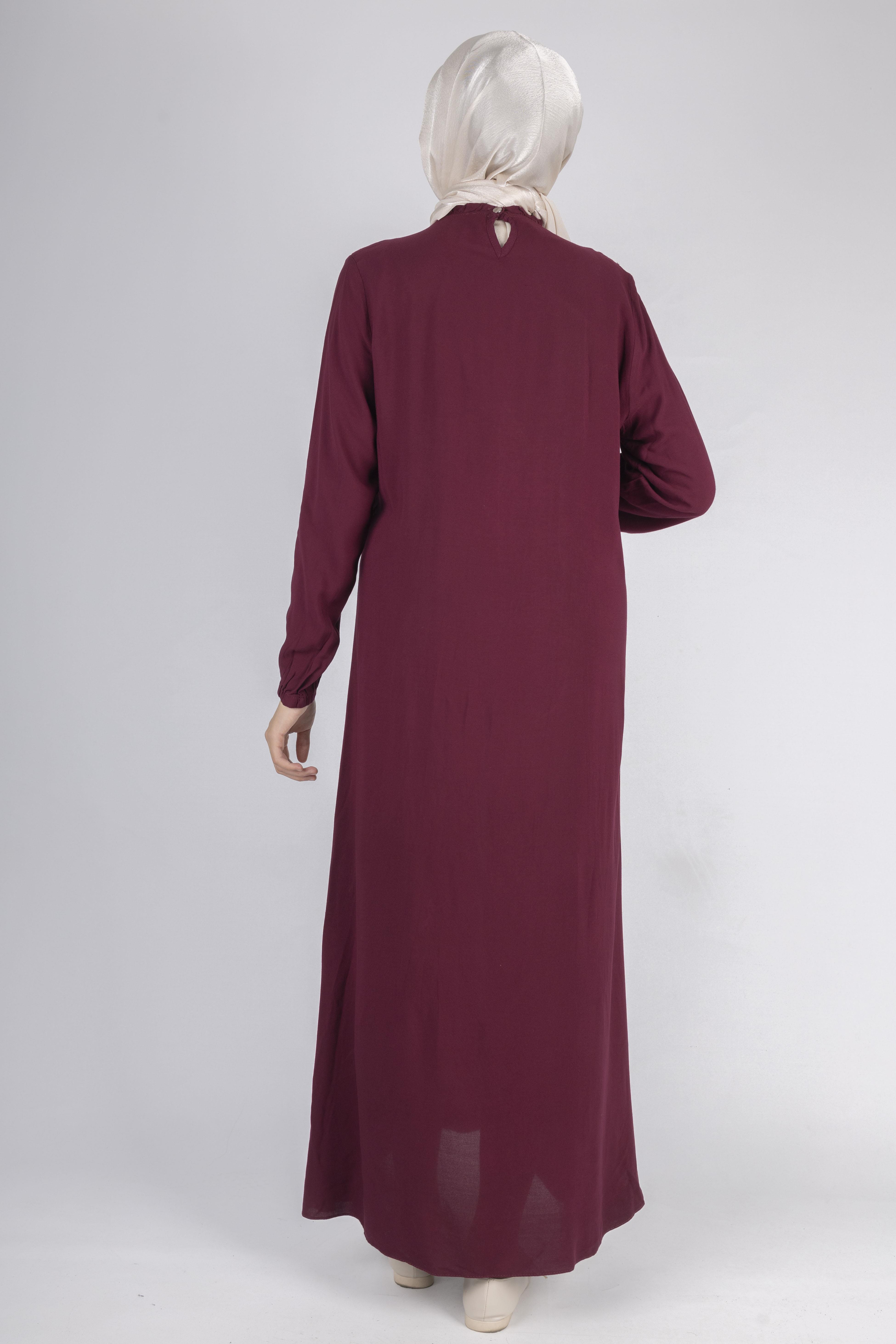 File İşlemeli Göğüs Detaylı Maxi Elbise Bordo OTW562