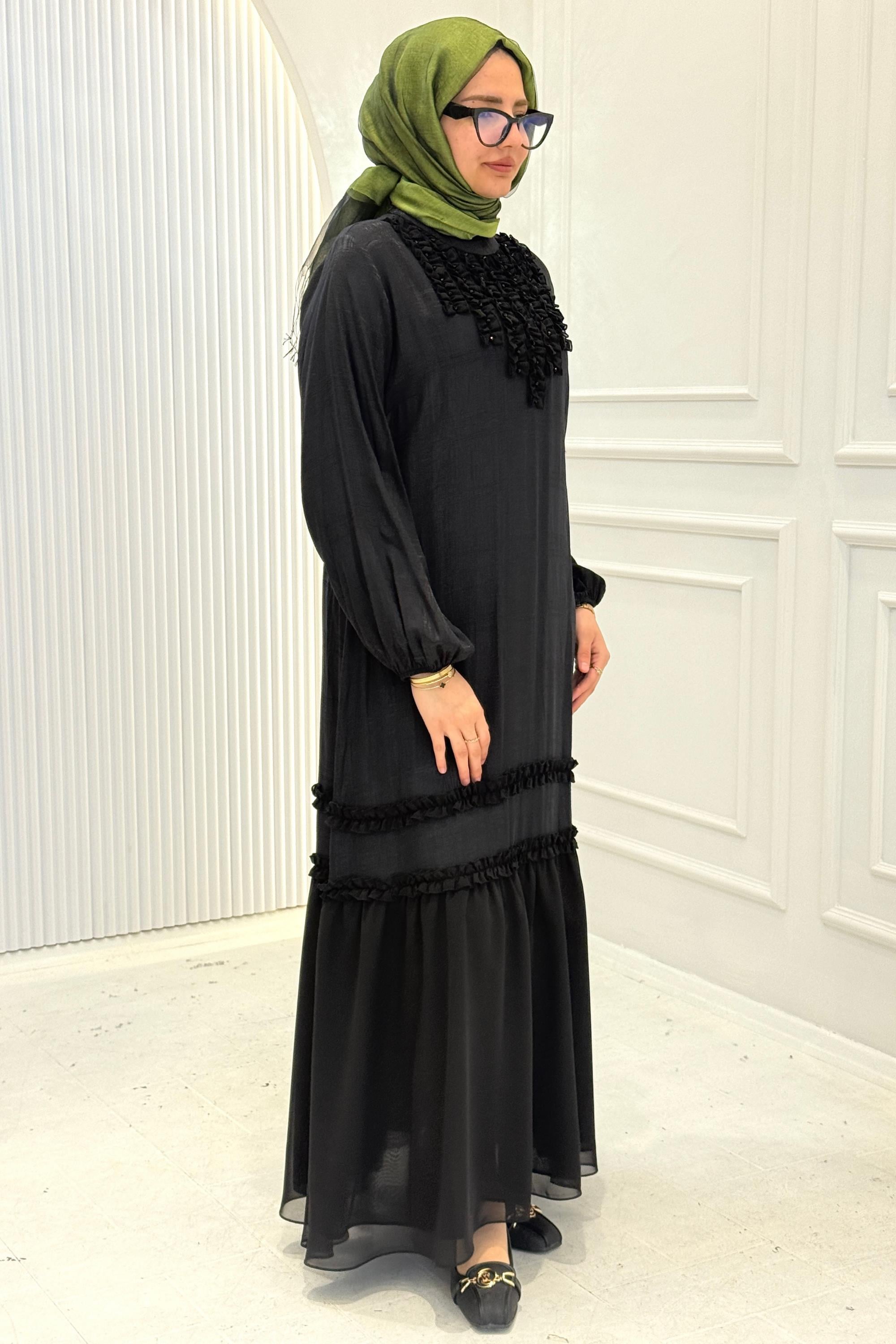 Fırfır Detaylı Tesettür Elbise Siyah OTW1797