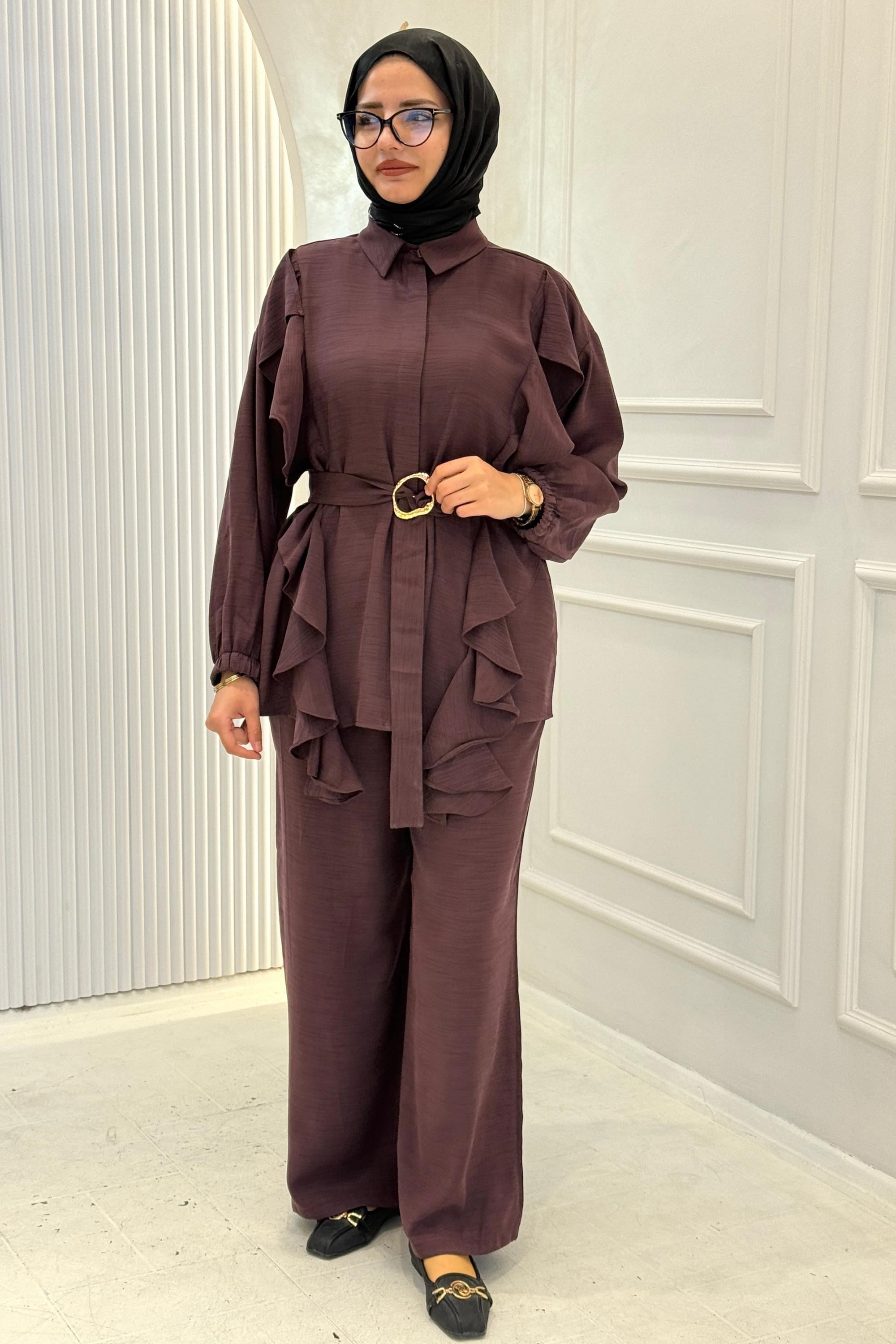 Fırfır Detaylı Tesettür Pantolon Takım Bordo OTW74022