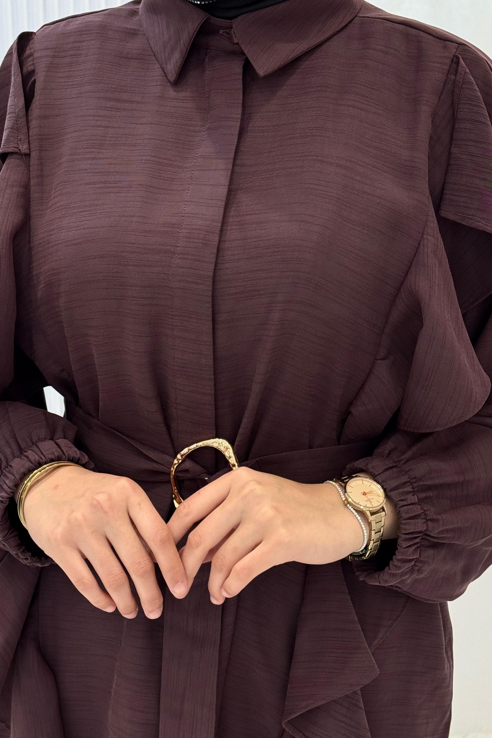 Fırfır Detaylı Tesettür Pantolon Takım Bordo OTW74022