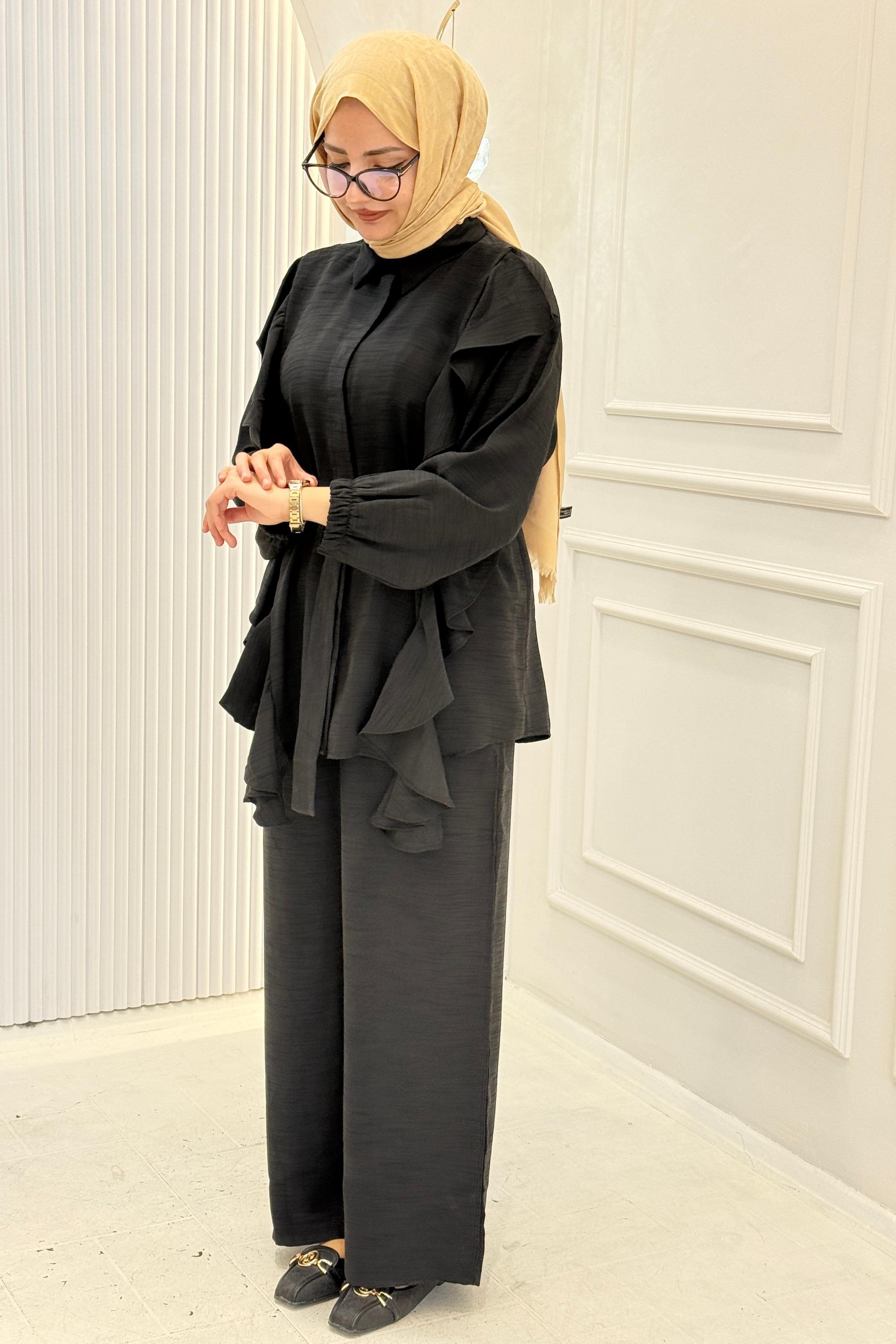 Fırfır Detaylı Tesettür Pantolon Takım Siyah OTW74022