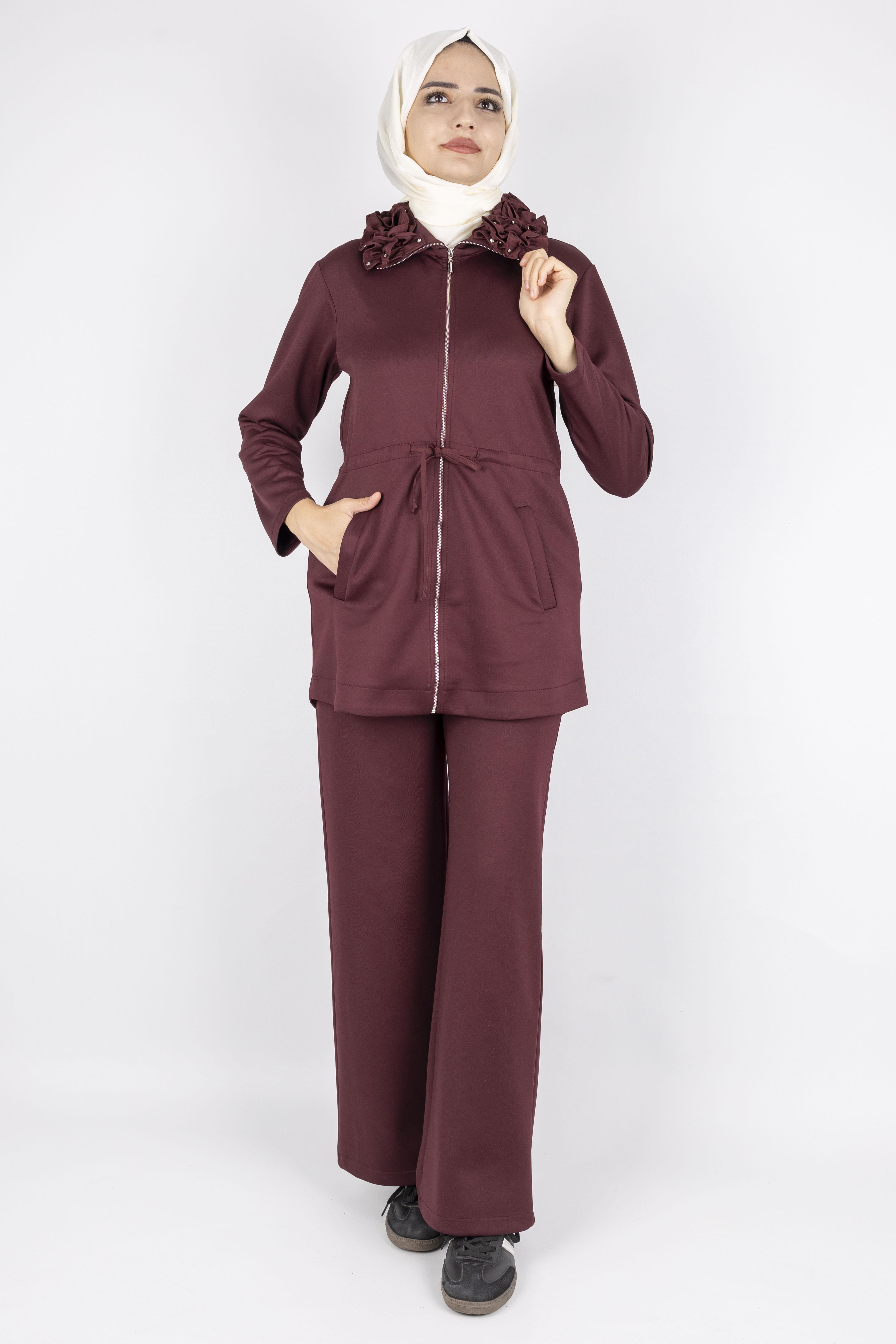 Fırfır Yaka Detaylı Pantolonlu Takım Bordo OTW8565