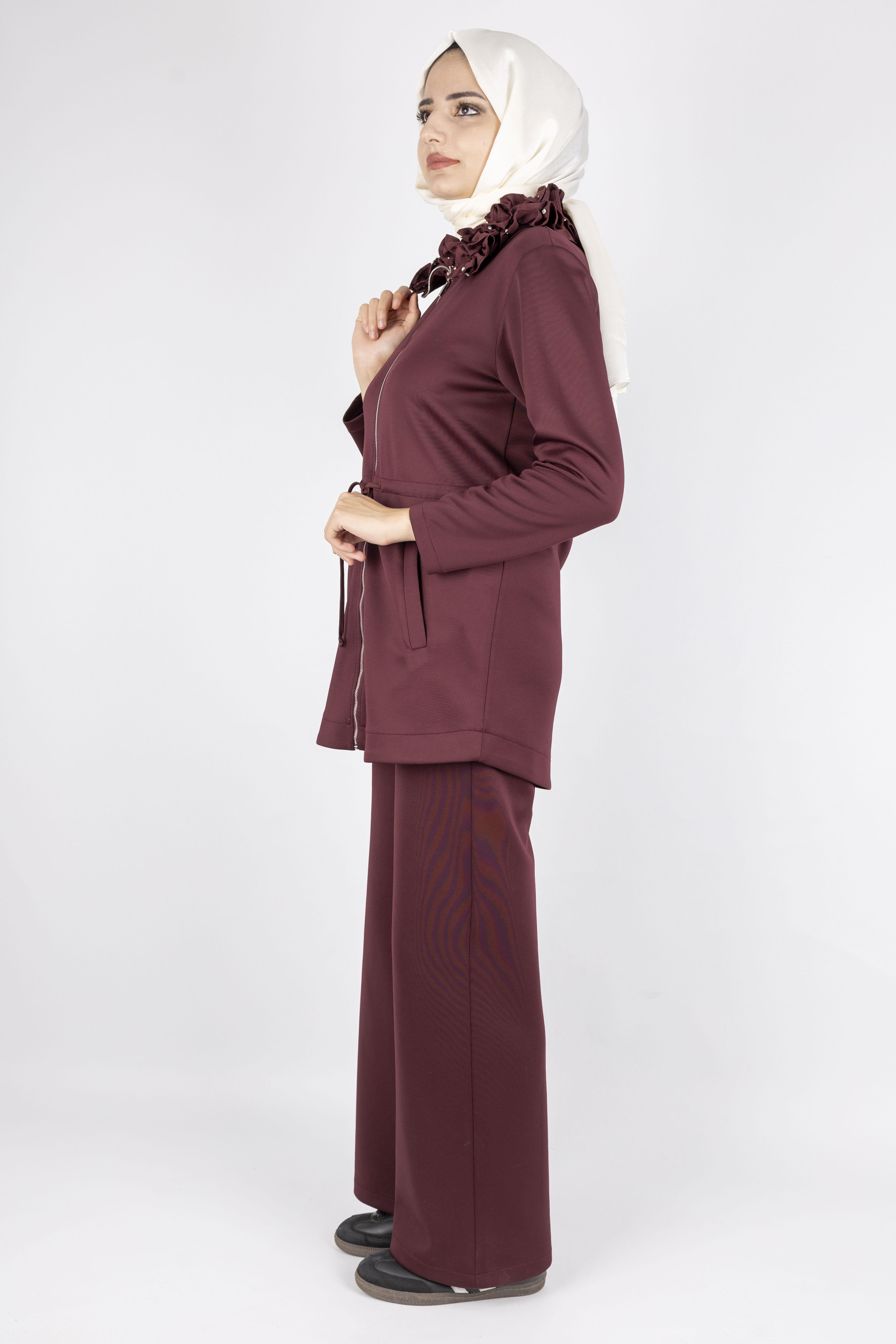 Fırfır Yaka Detaylı Pantolonlu Takım Bordo OTW8565