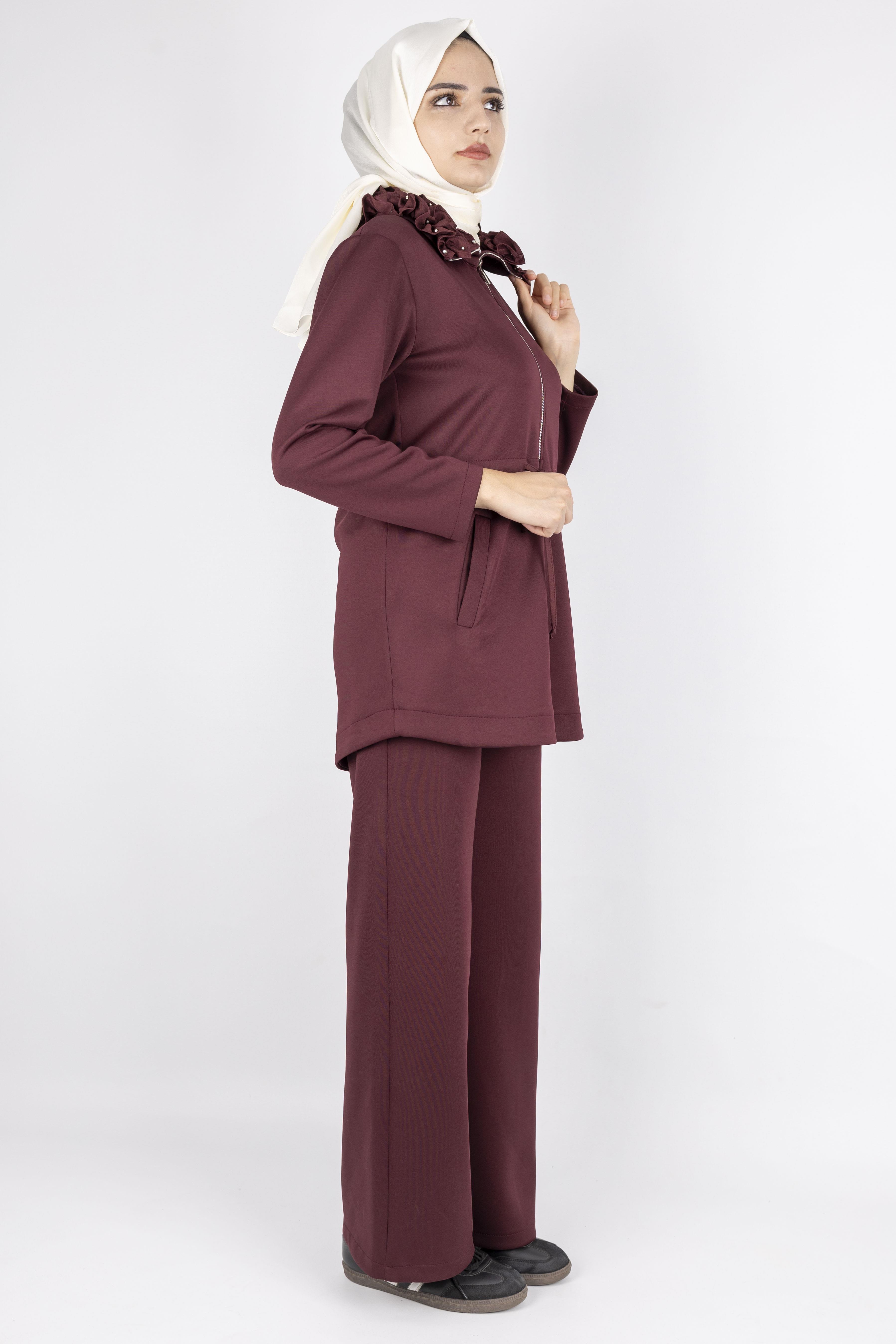 Fırfır Yaka Detaylı Pantolonlu Takım Bordo OTW8565