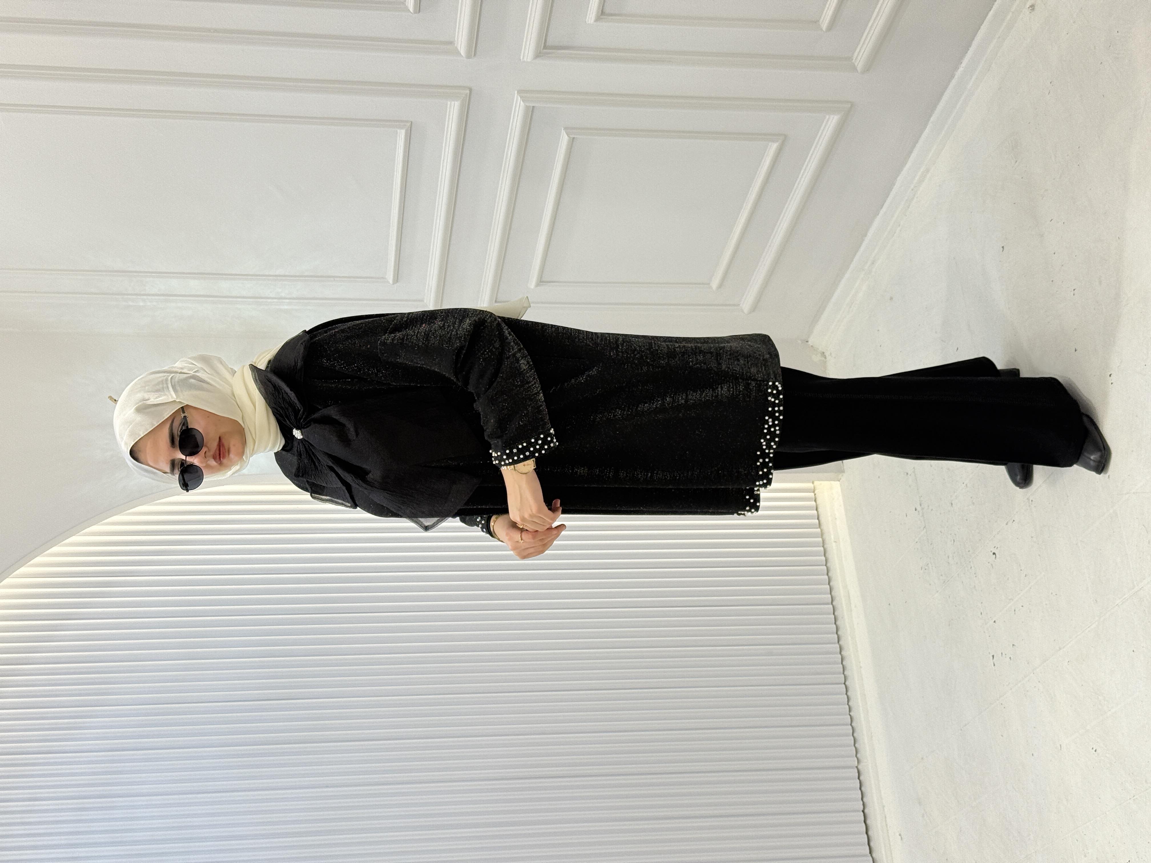 Fiyonk Detaylı İnci İşlemeli Büyük Beden Tunik Siyah OTW5195