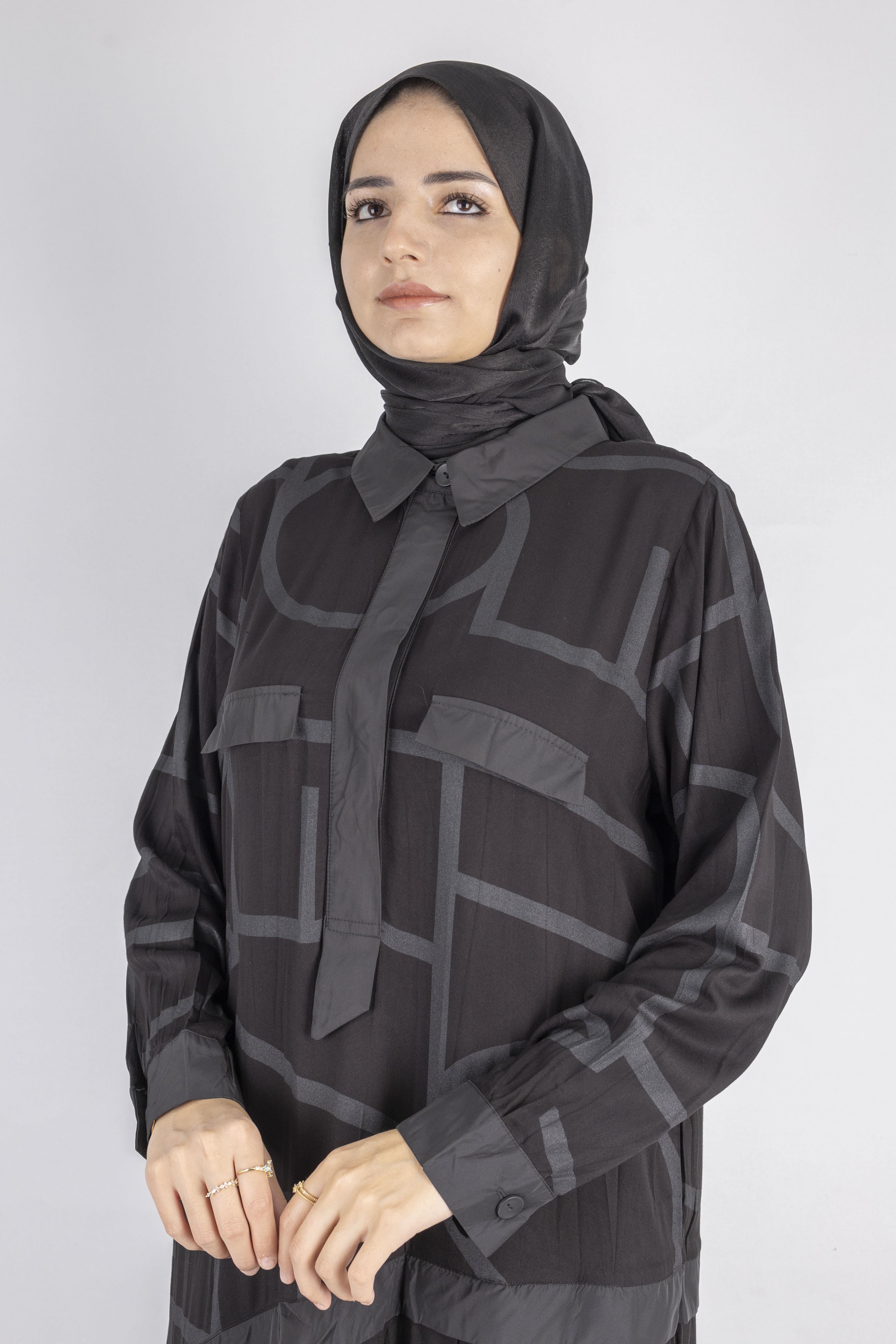 Geometrik Desenli Kravat Yakalı Elbise Siyah OTW5902