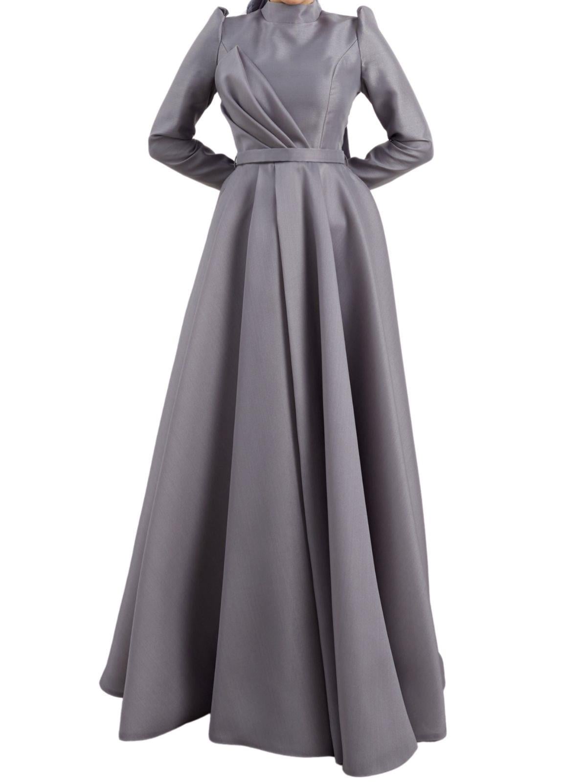 İnce Kemerli Abiye Elbise Gri OTW4547