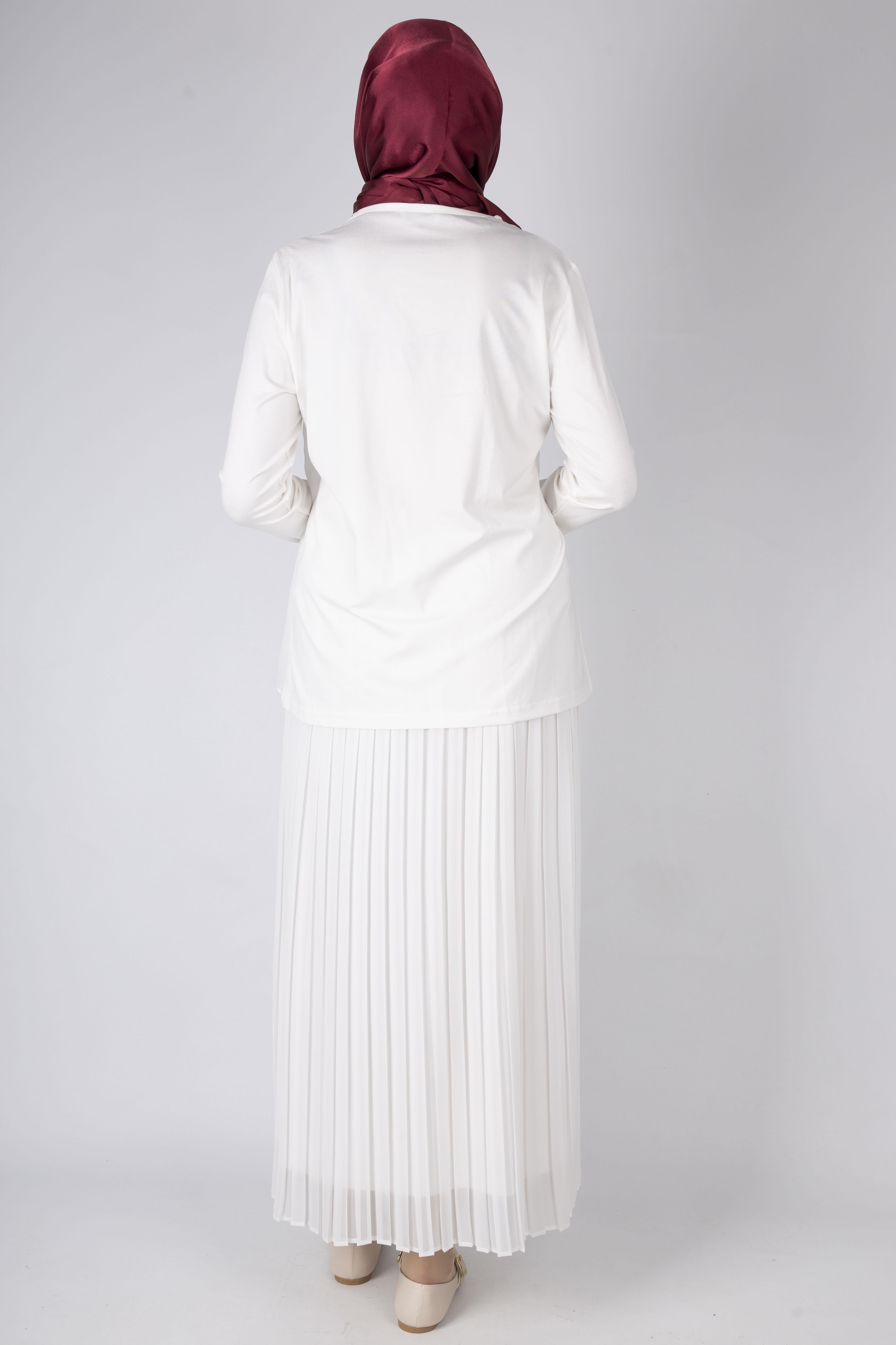 İnci Çiçek İşlemeli Tesettür Tunik Ekru OTW570