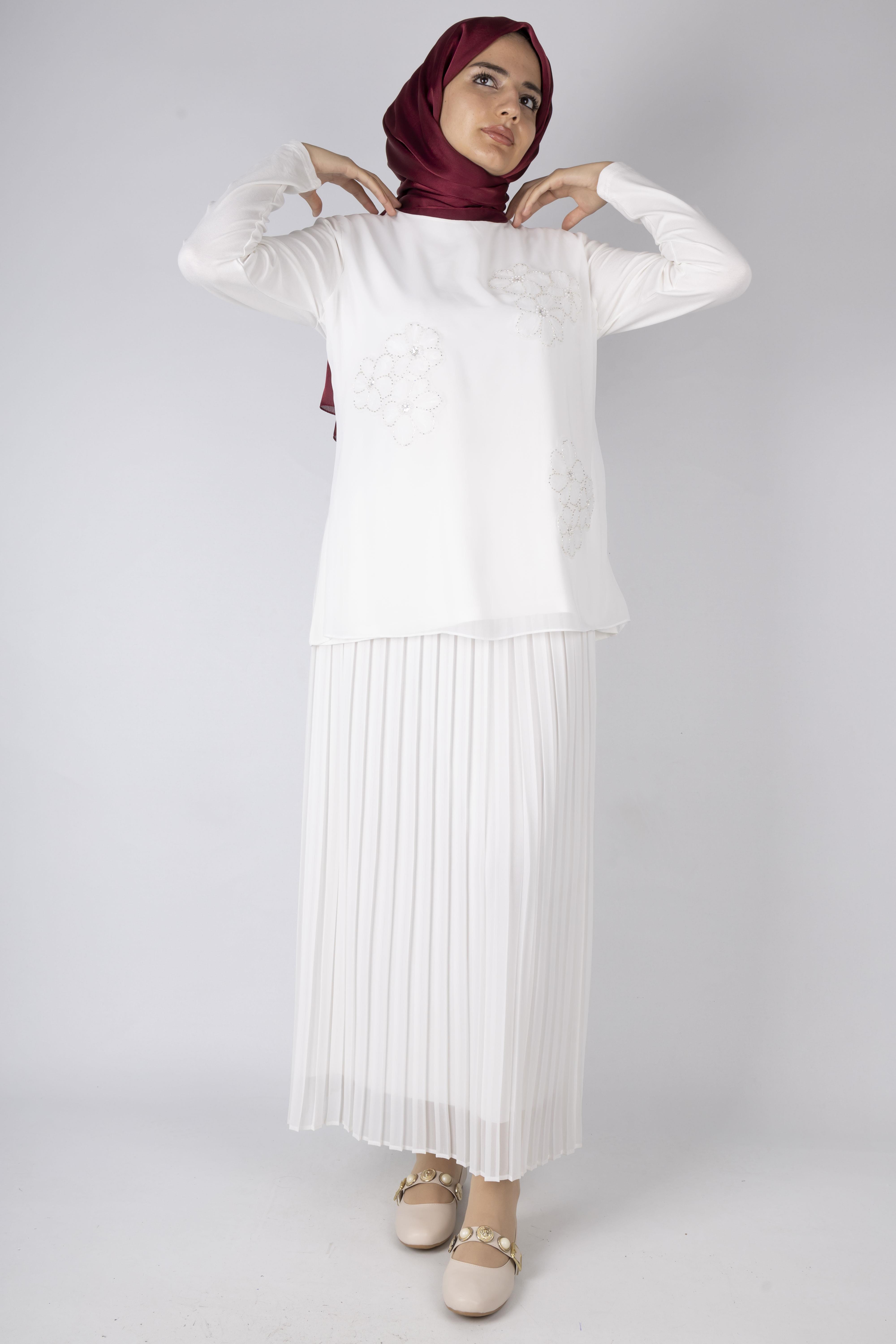 İnci Çiçek İşlemeli Tesettür Tunik Ekru OTW570