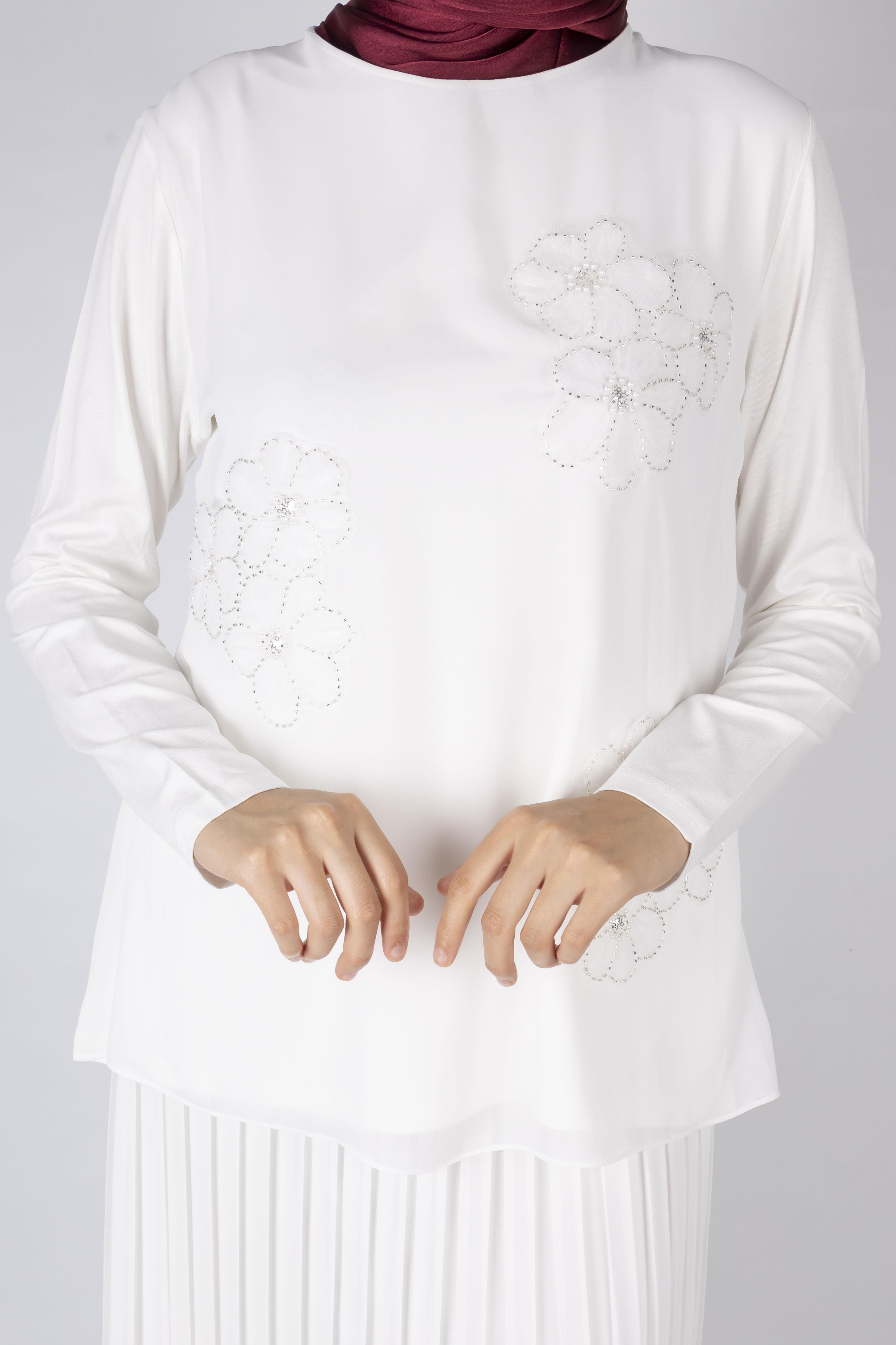 İnci Çiçek İşlemeli Tesettür Tunik Ekru OTW570