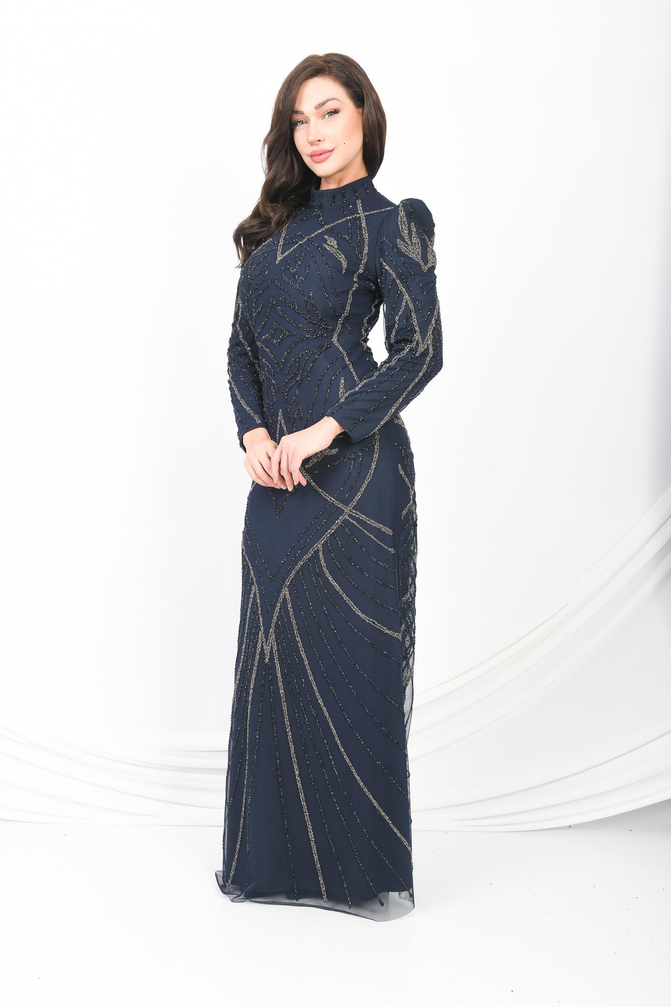 İşlemeli Abiye Elbise Lacivert OTW3106