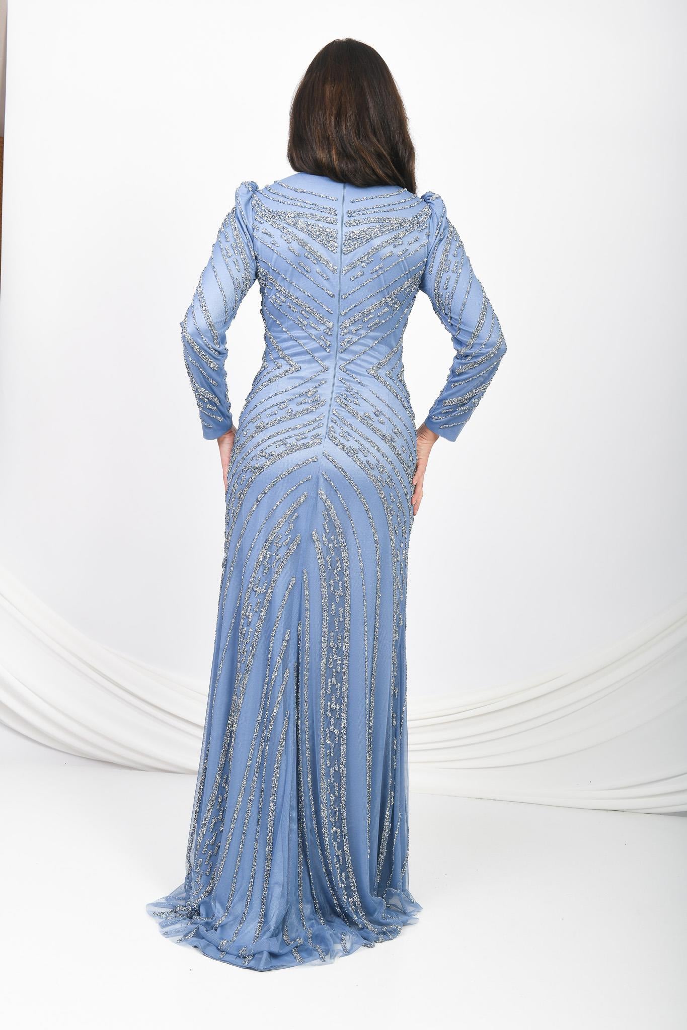 İşlemeli Abiye Elbise Mavi OTW5102