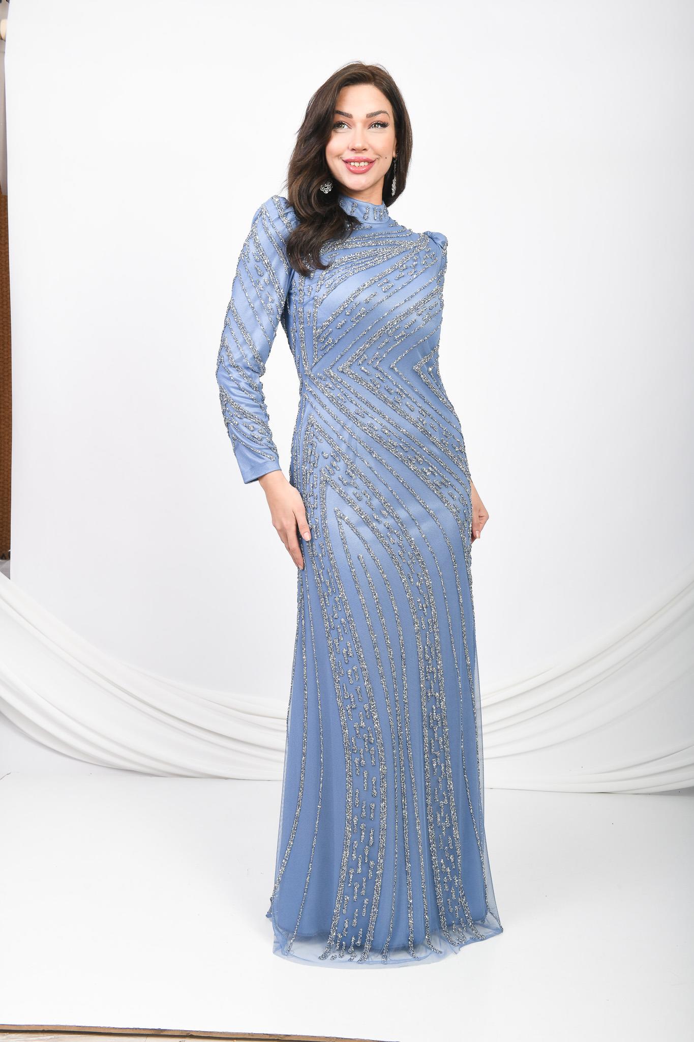 İşlemeli Abiye Elbise Mavi OTW5102