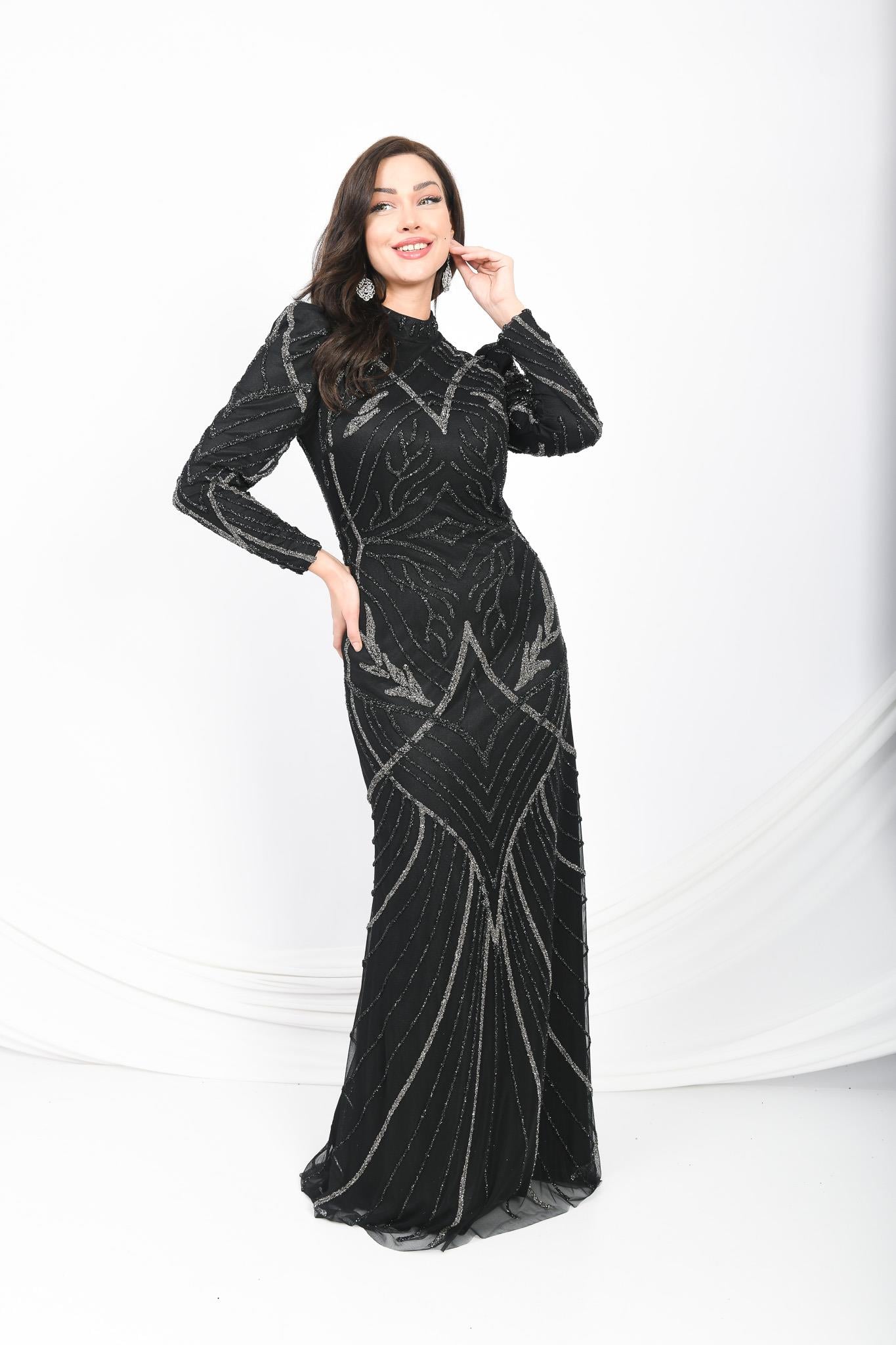 İşlemeli Abiye Elbise Siyah OTW3106