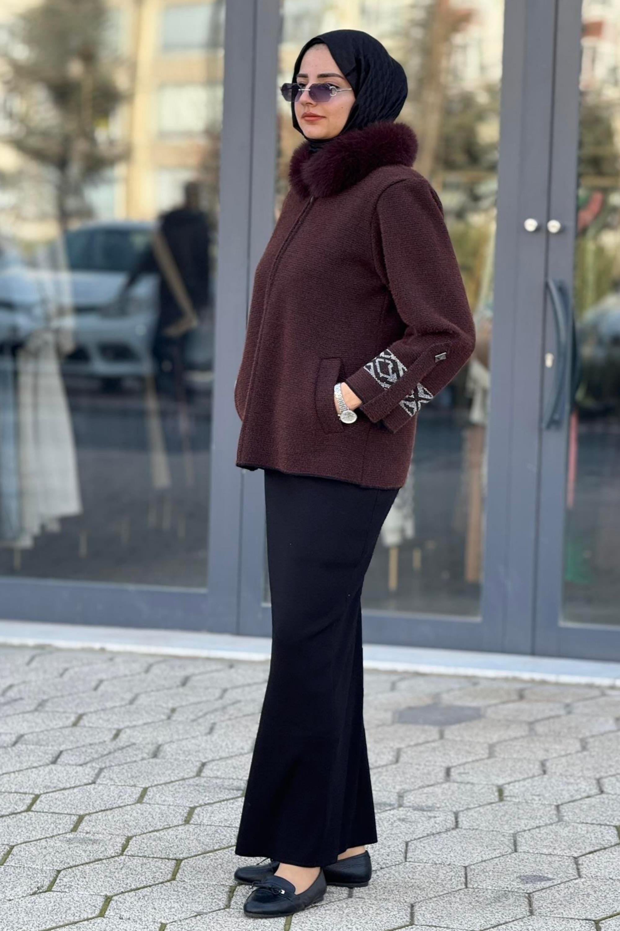 İşlemeli Kol Angora Büyük Beden Ceket Kahve OTW5436