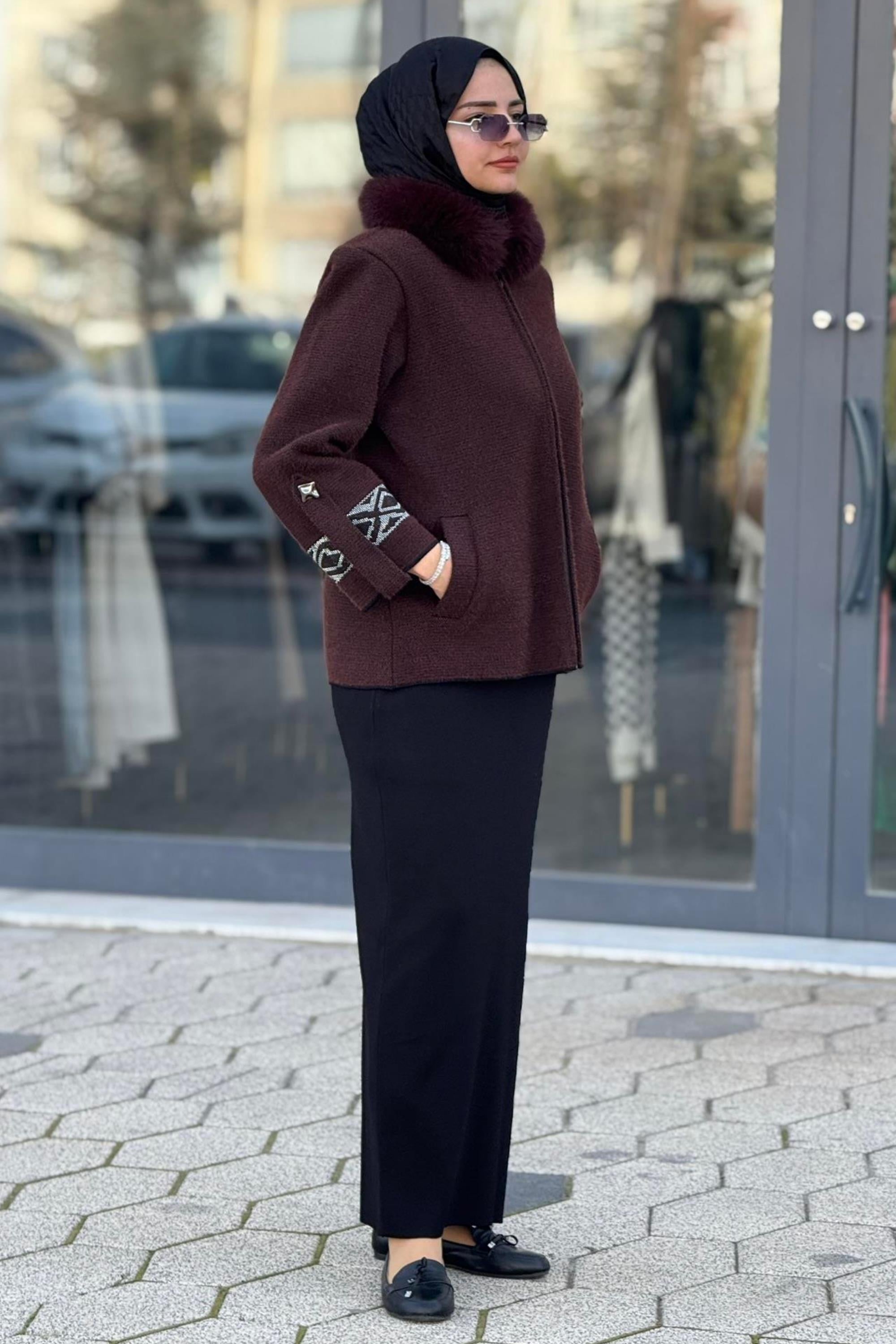 İşlemeli Kol Angora Büyük Beden Ceket Kahve OTW5436