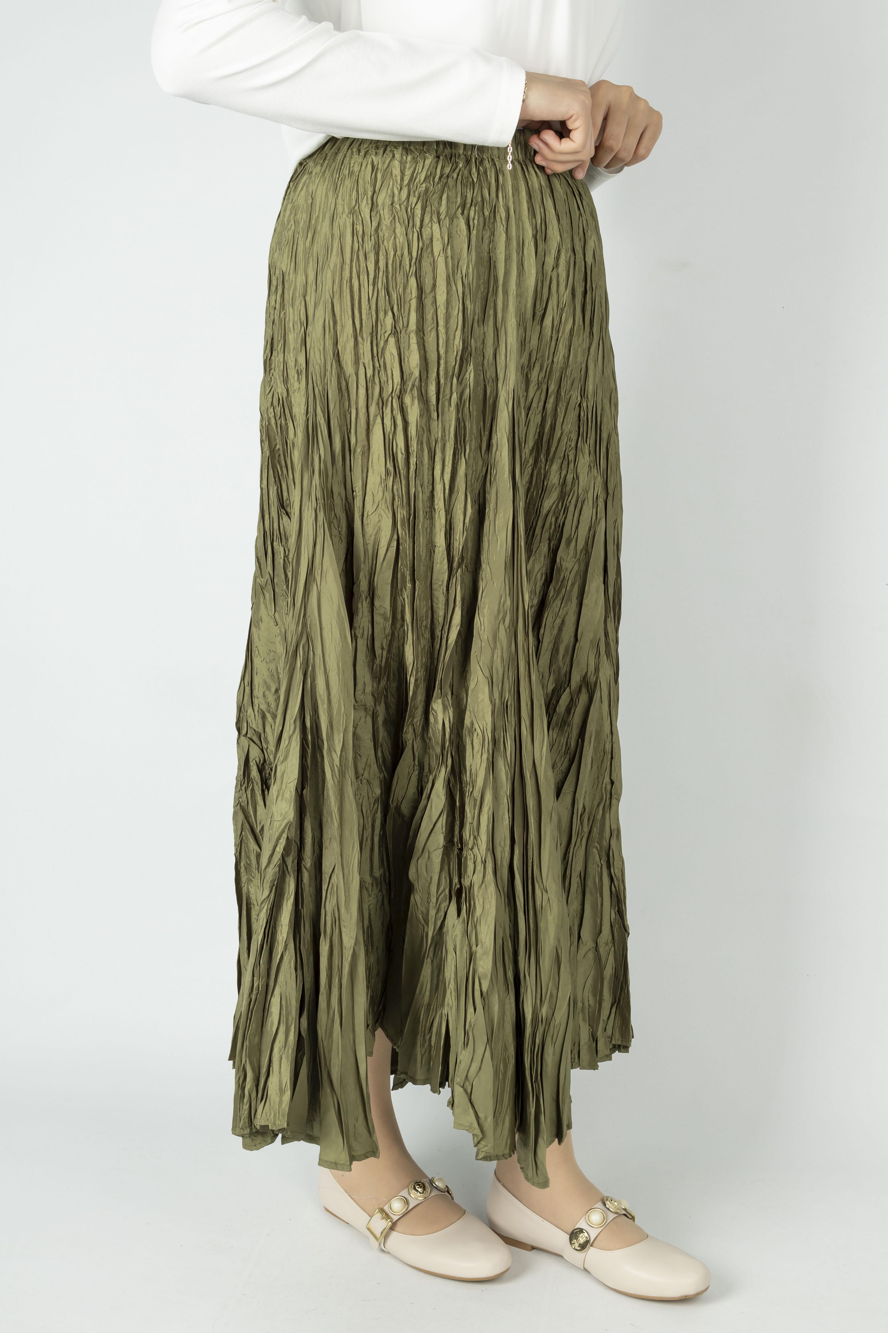 Kadın Crinkle Kumaş Lastikli Bel Etek Haki OTW9156