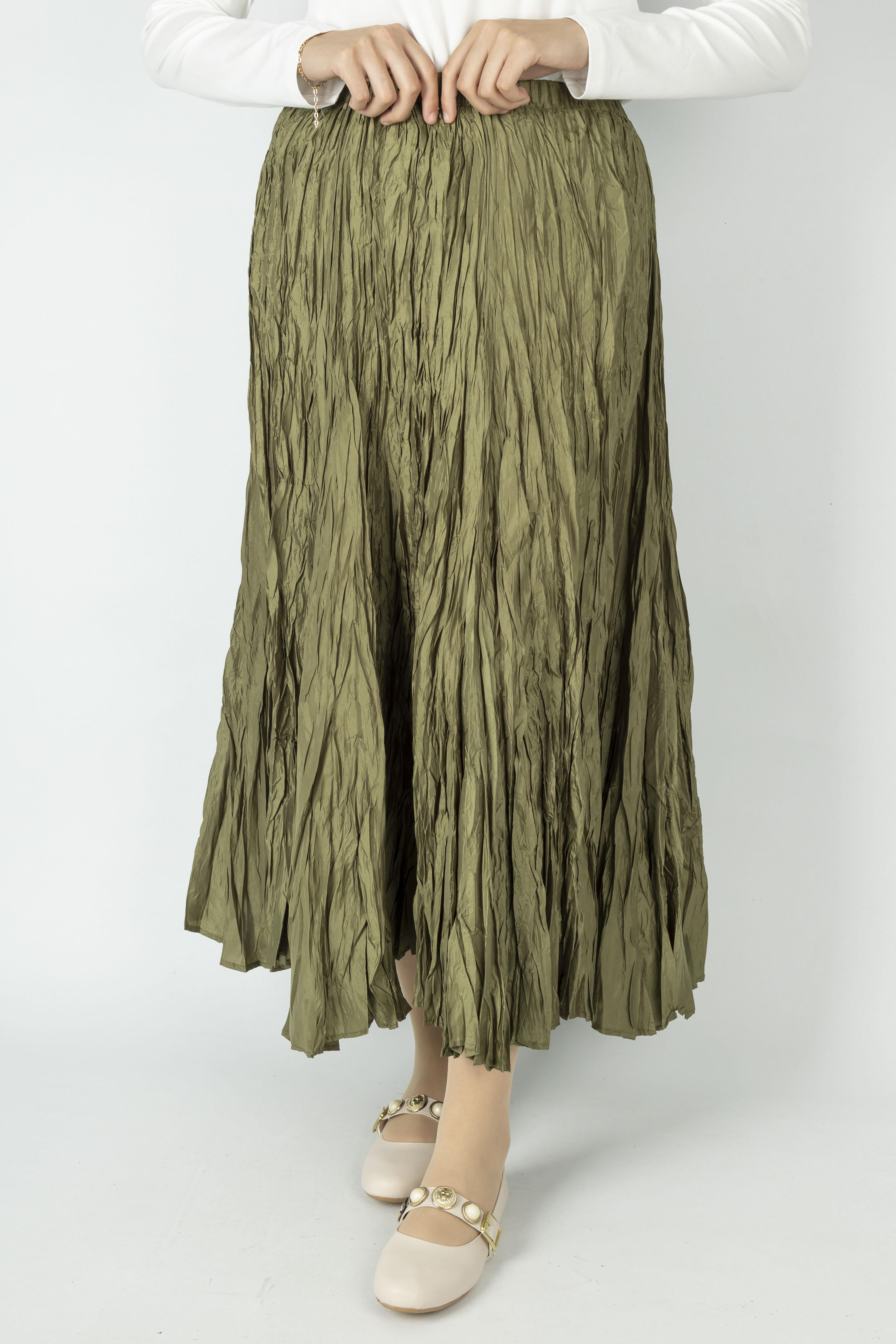 Kadın Crinkle Kumaş Lastikli Bel Etek Haki OTW9156