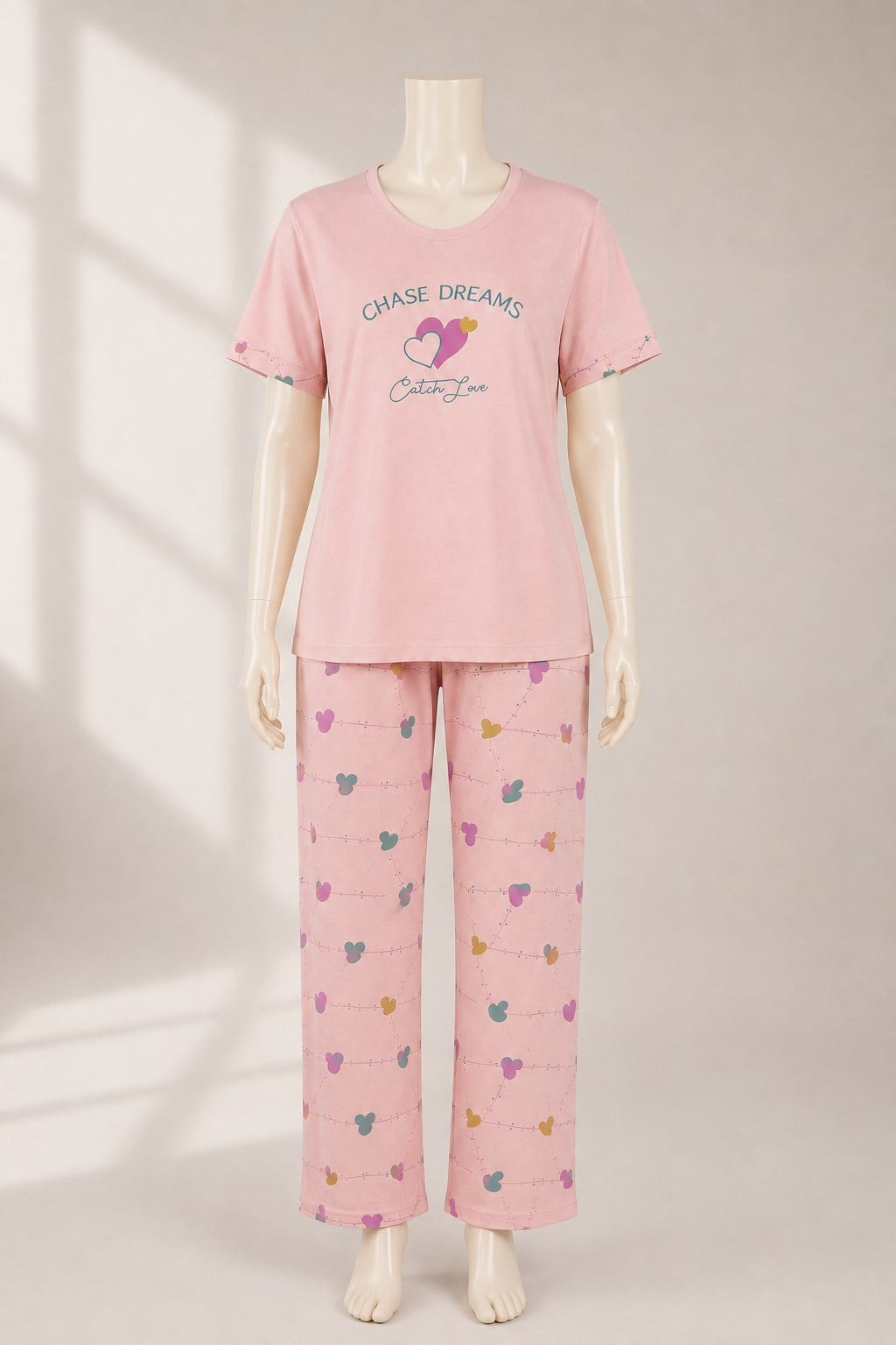 Kalp Desenli Pijama Takım Pembe OTW03