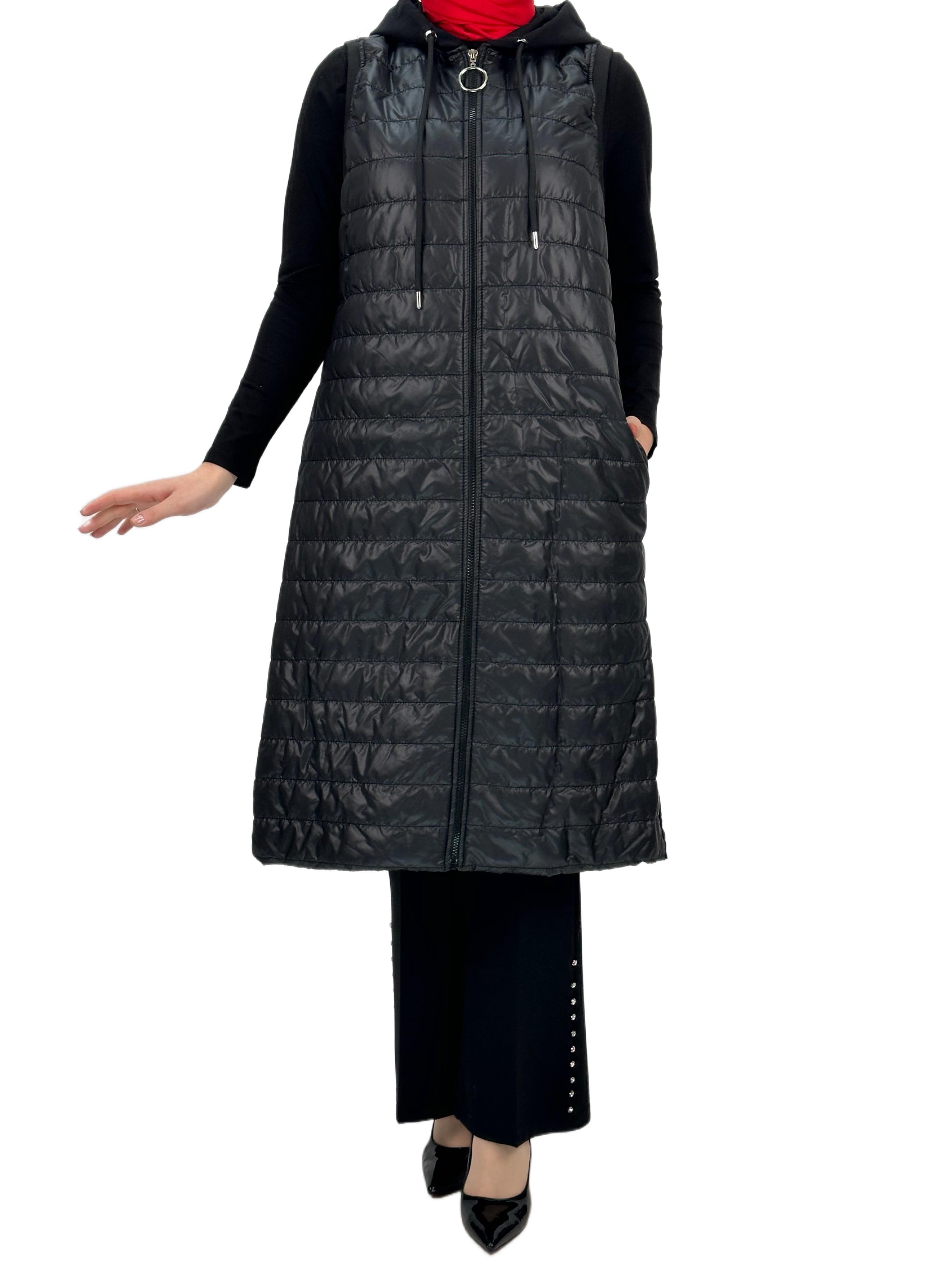 Kapitone Kapüşonlu Yelek Siyah OTW710/611