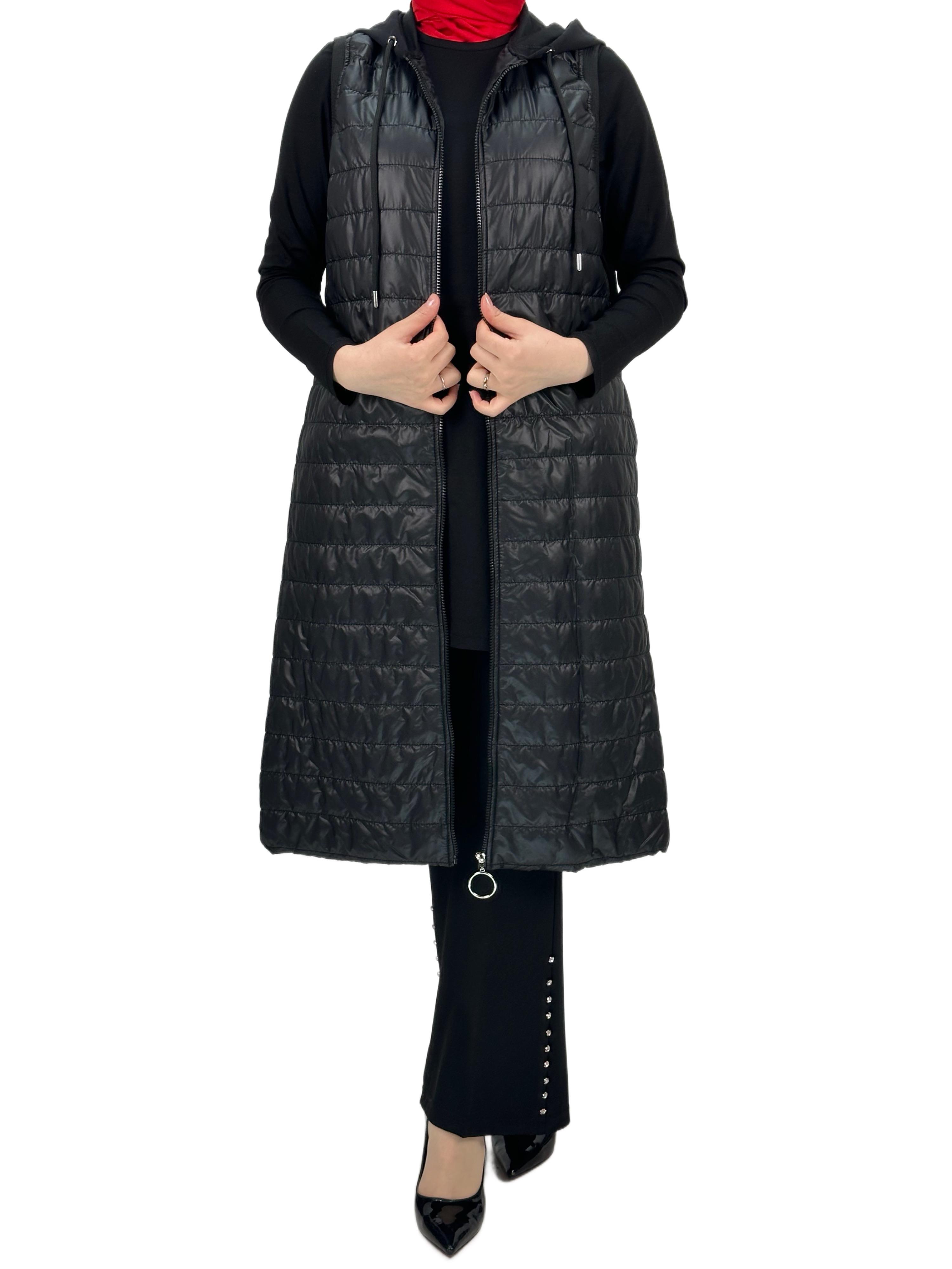 Kapitone Kapüşonlu Yelek Siyah OTW710/611