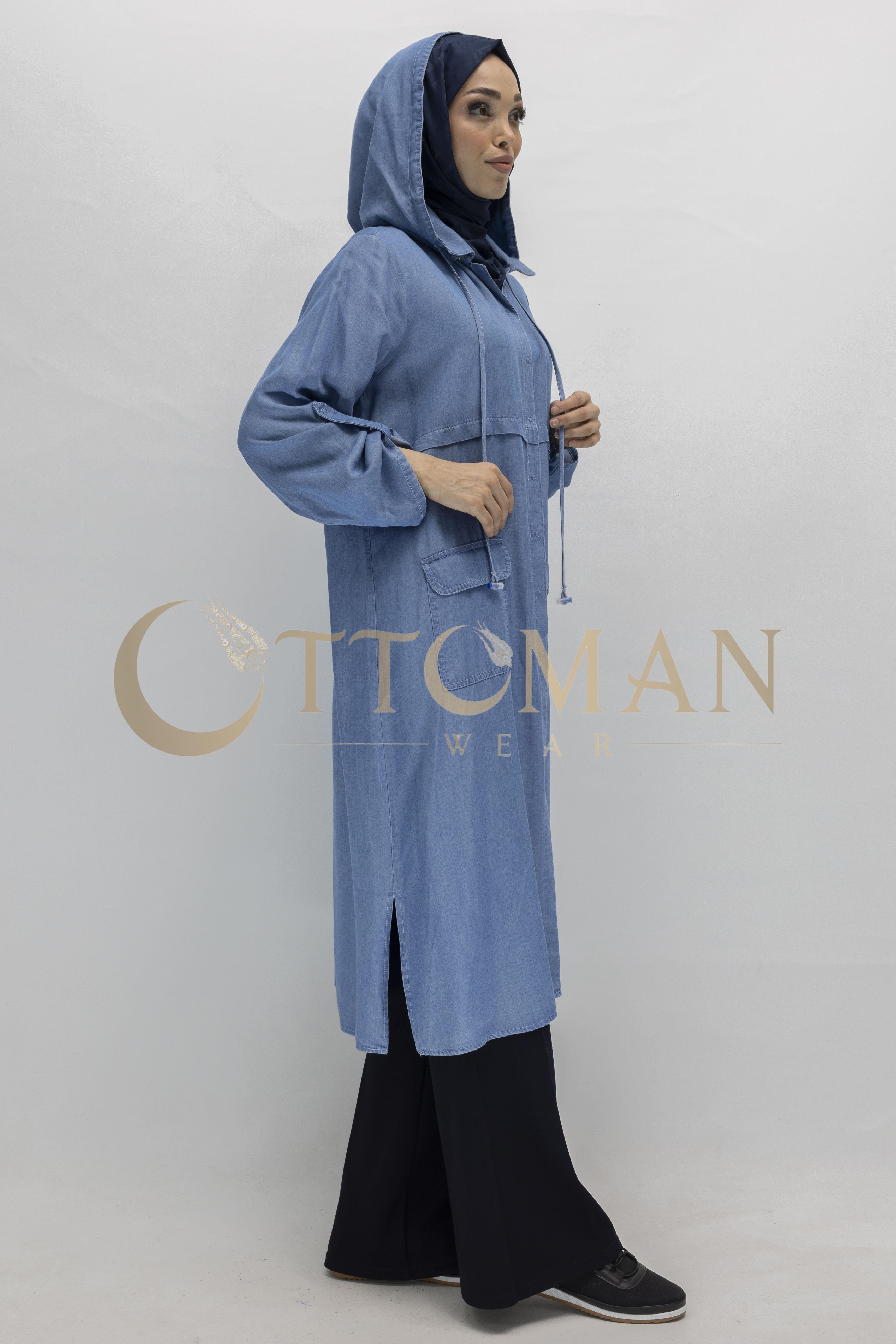 Kapüşonlu Büyük Beden Tesettür Denim Kap Mavi OTW60391