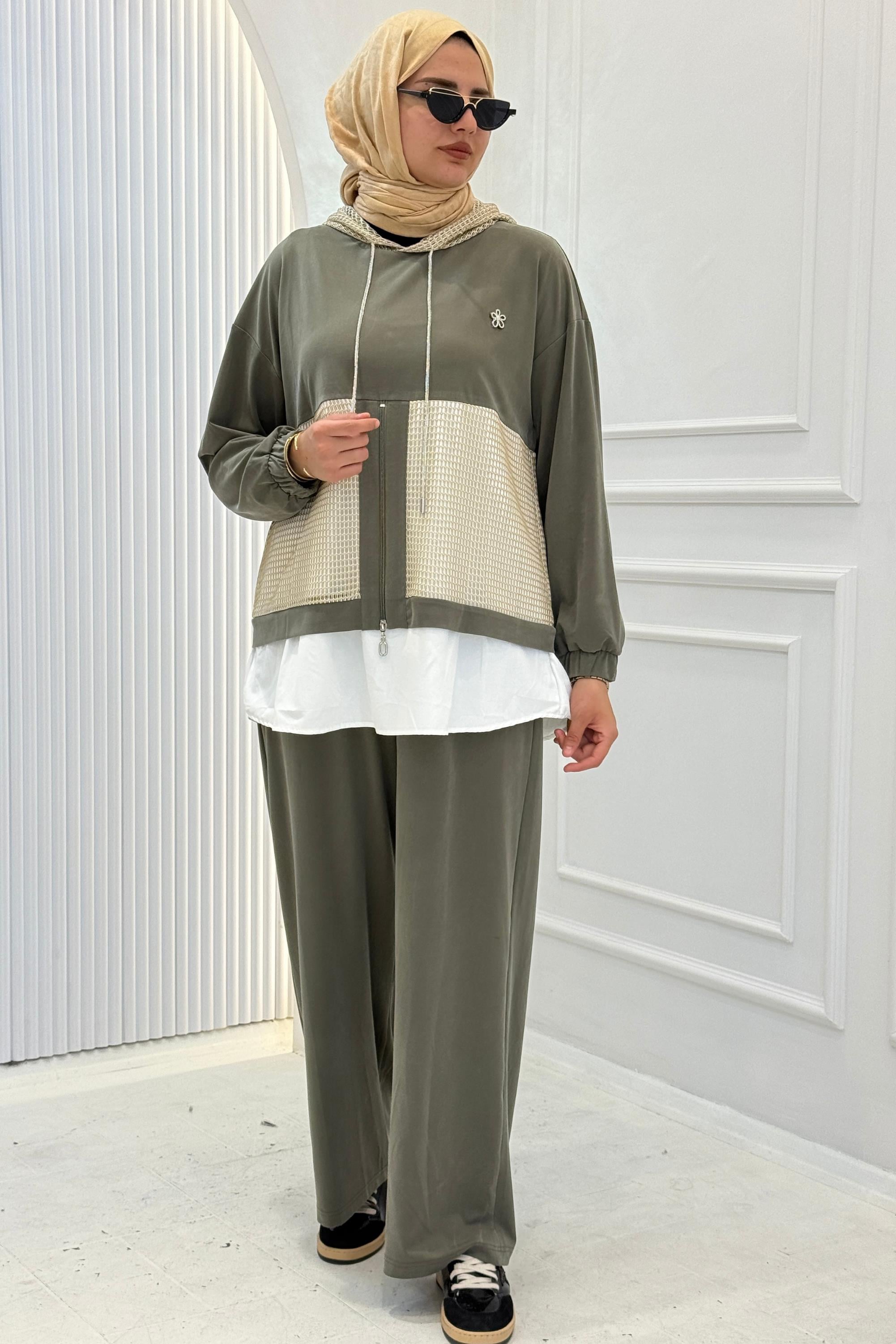 Kapüşonlu Büyük Beden Tesettür Takım Haki OTW505