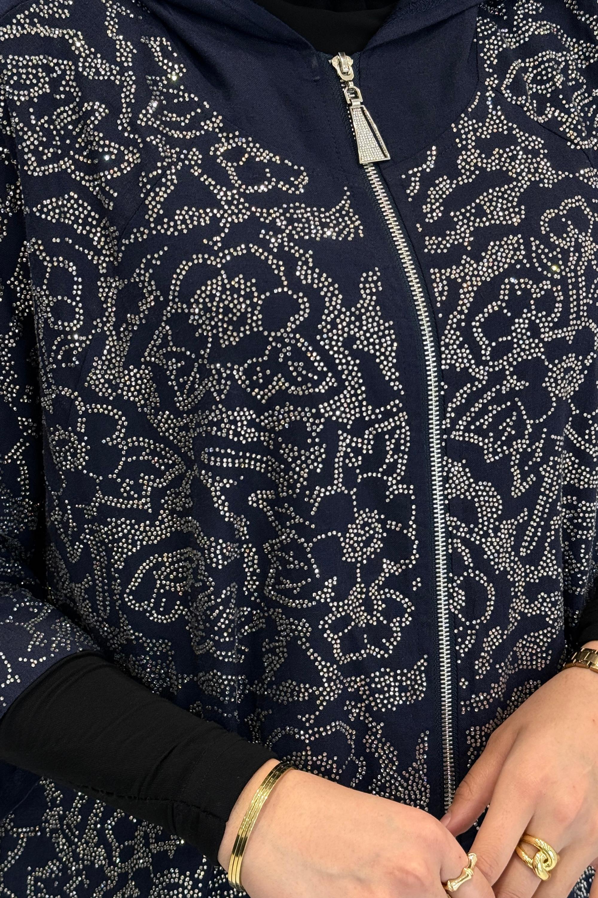 Kapüşonlu Taş İşlemeli Büyük Beden Desenli Panço Kap Lacivert OTW9603