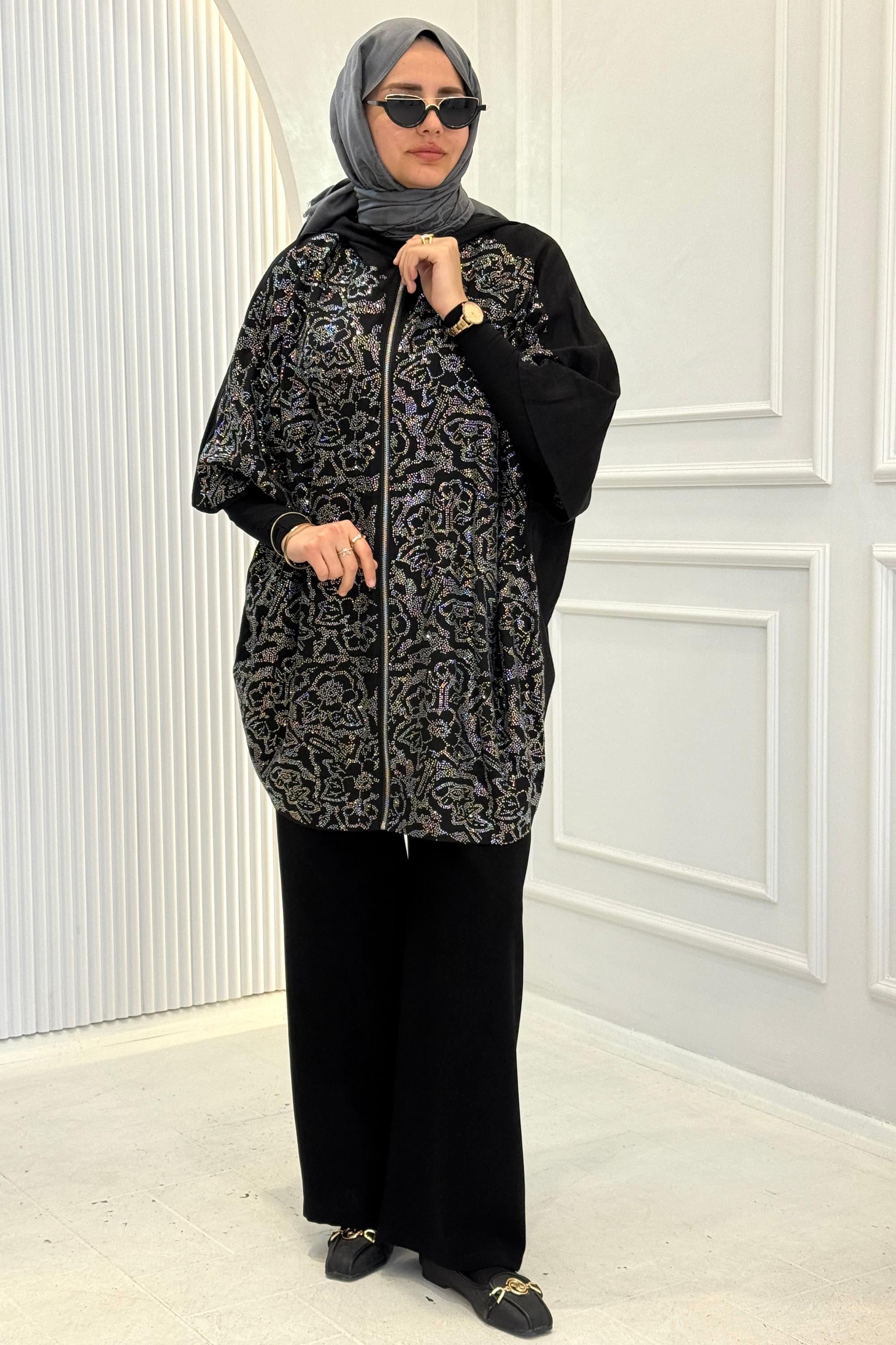 Kapüşonlu Taş İşlemeli Büyük Beden Desenli Panço Kap Siyah OTW9603