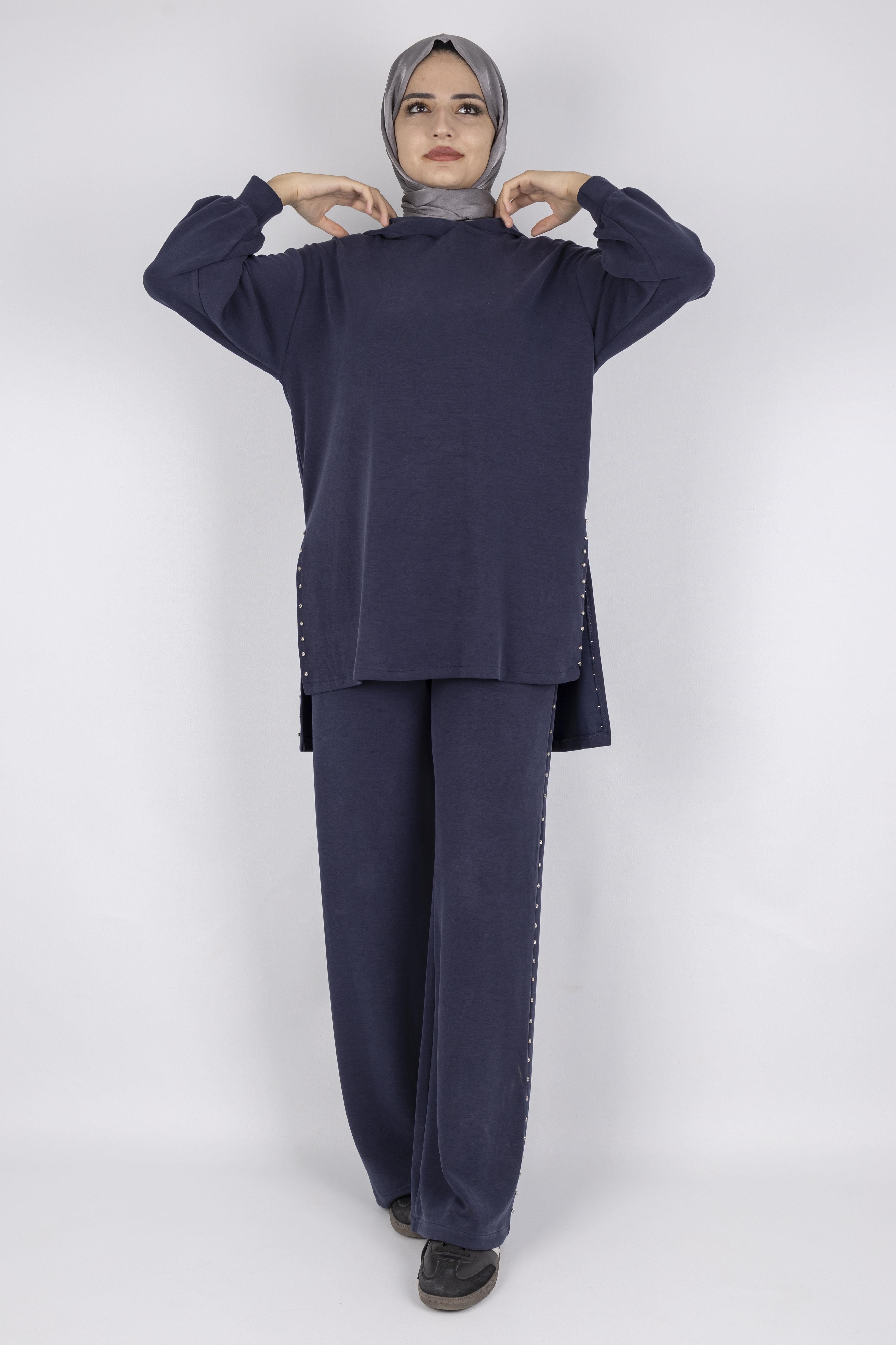 Kapüşonlu Yanları Taşlı Pantolon Takım Lacivert OTW8582