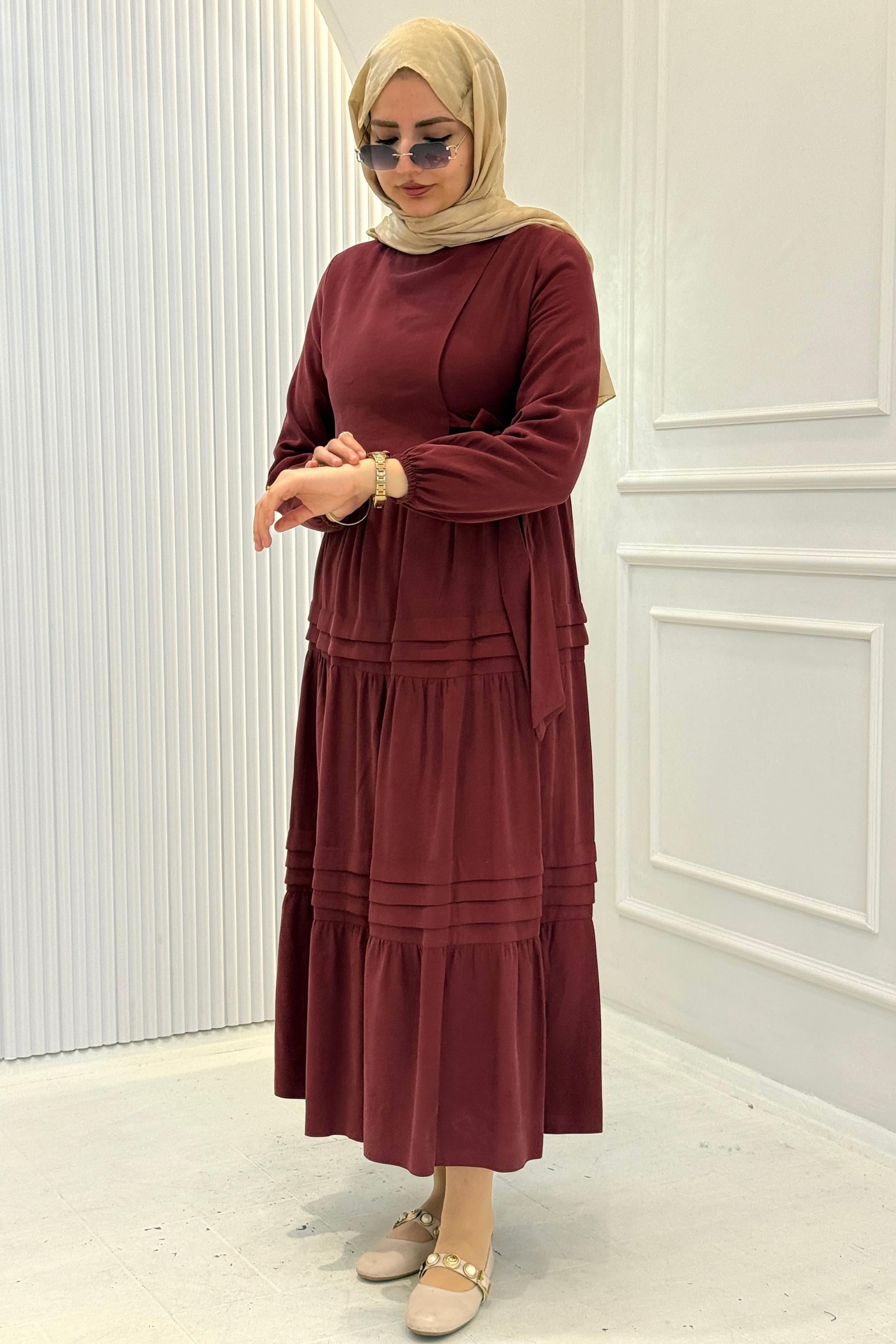 Kat Kat Pileli Yan Bağlamalı Tesettür Elbise Bordo OTW5262