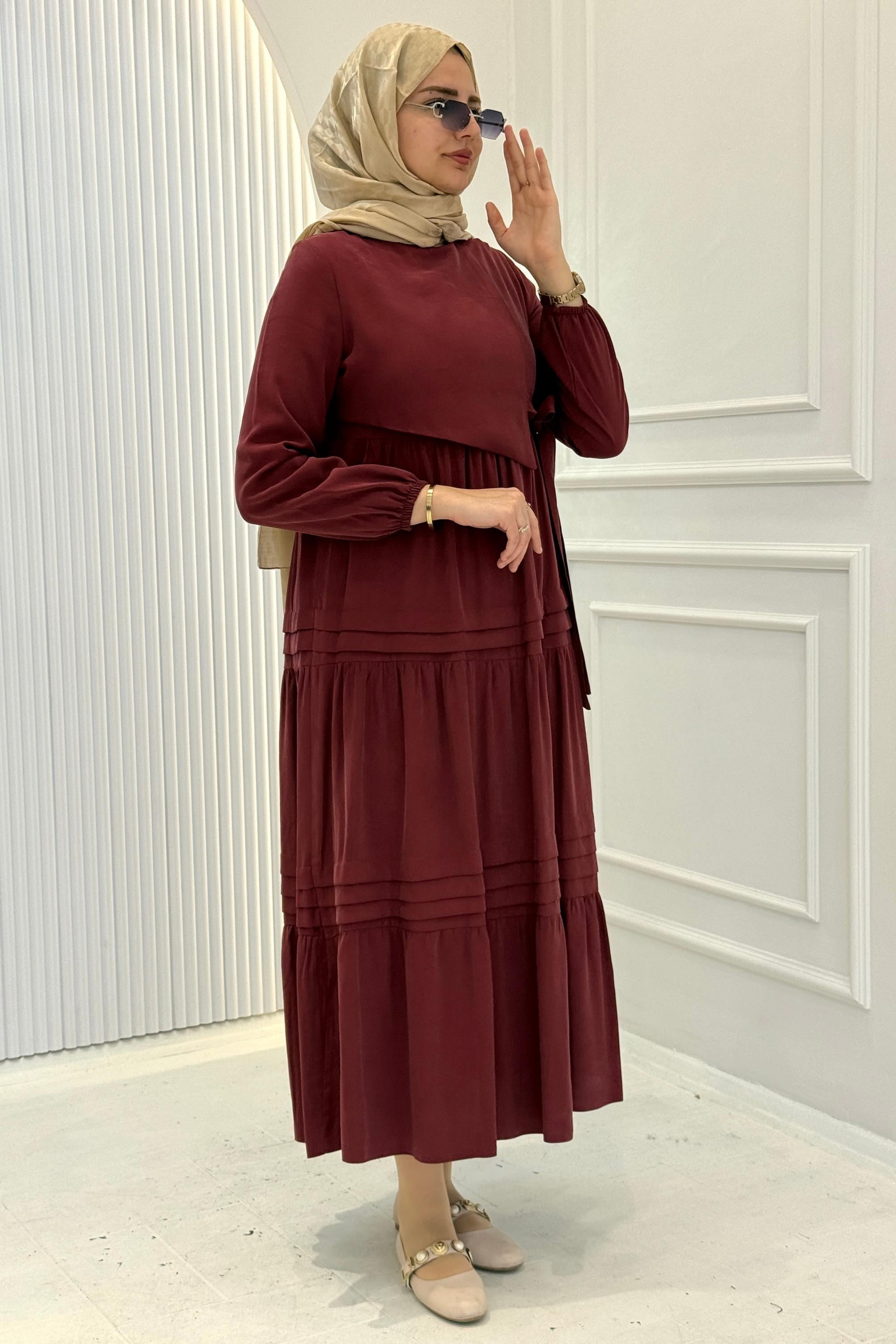 Kat Kat Pileli Yan Bağlamalı Tesettür Elbise Bordo OTW5262