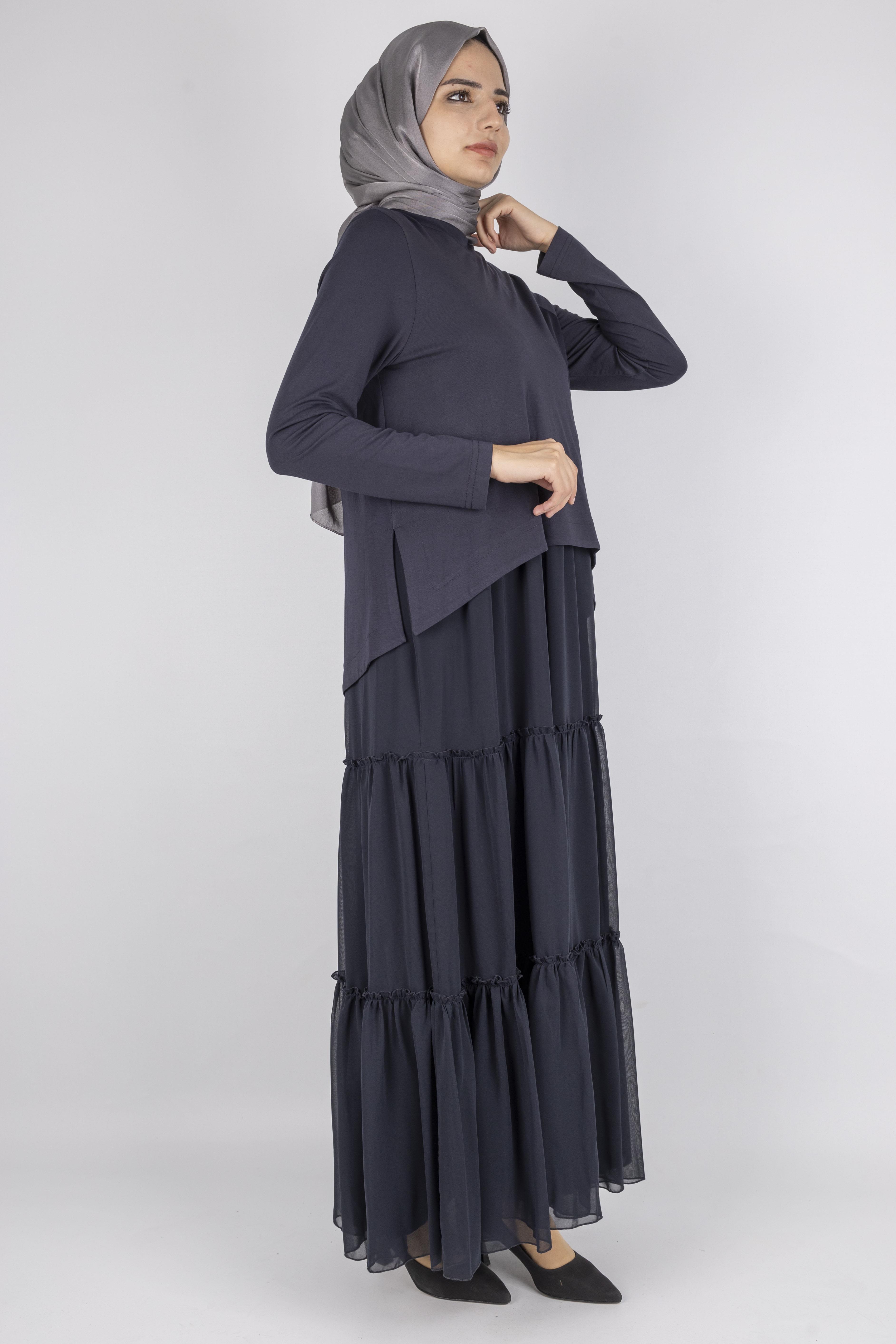 Kat Kat Volanlı İkili Tesettür Elbise Lacivert OTW25164