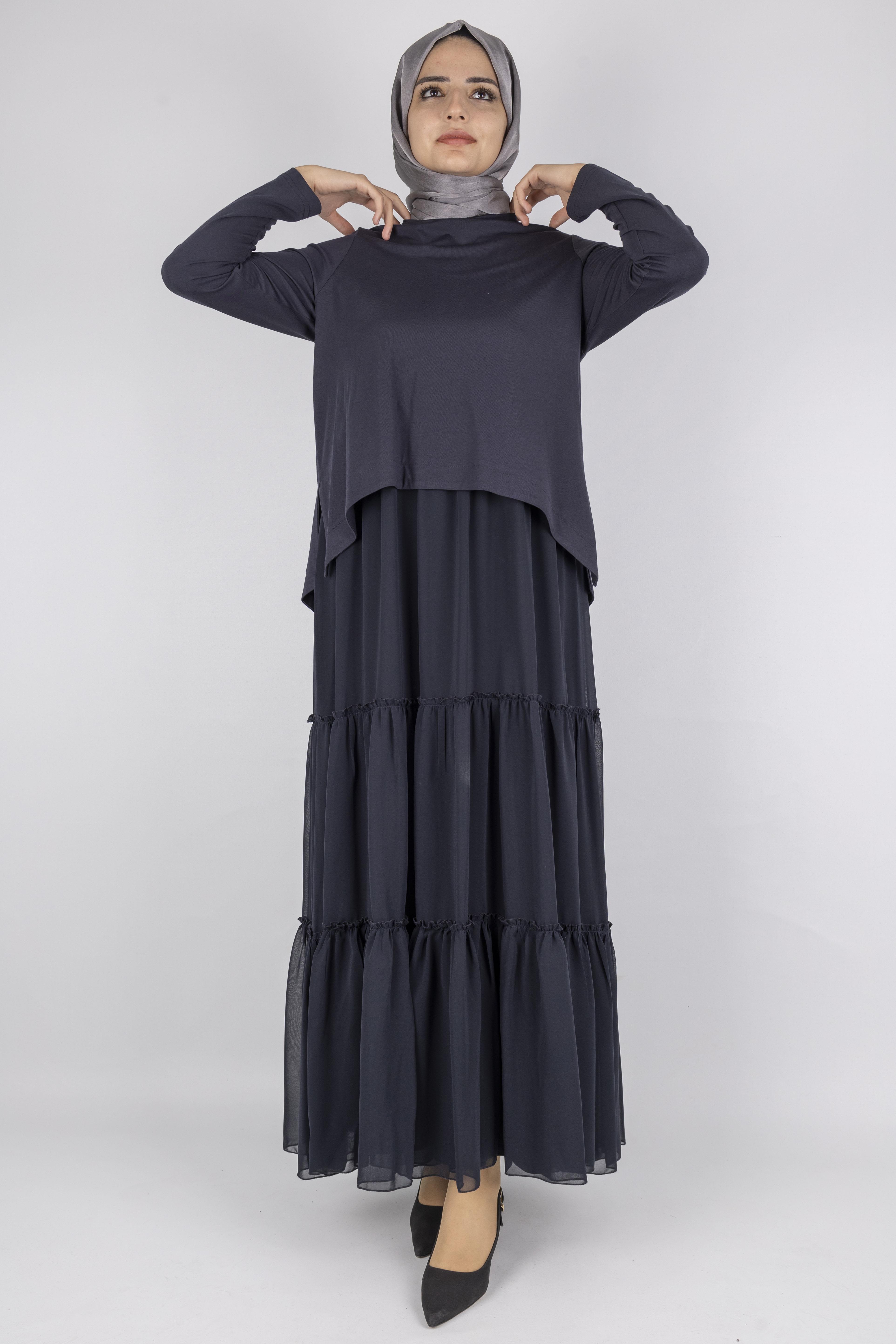 Kat Kat Volanlı İkili Tesettür Elbise Lacivert OTW25164