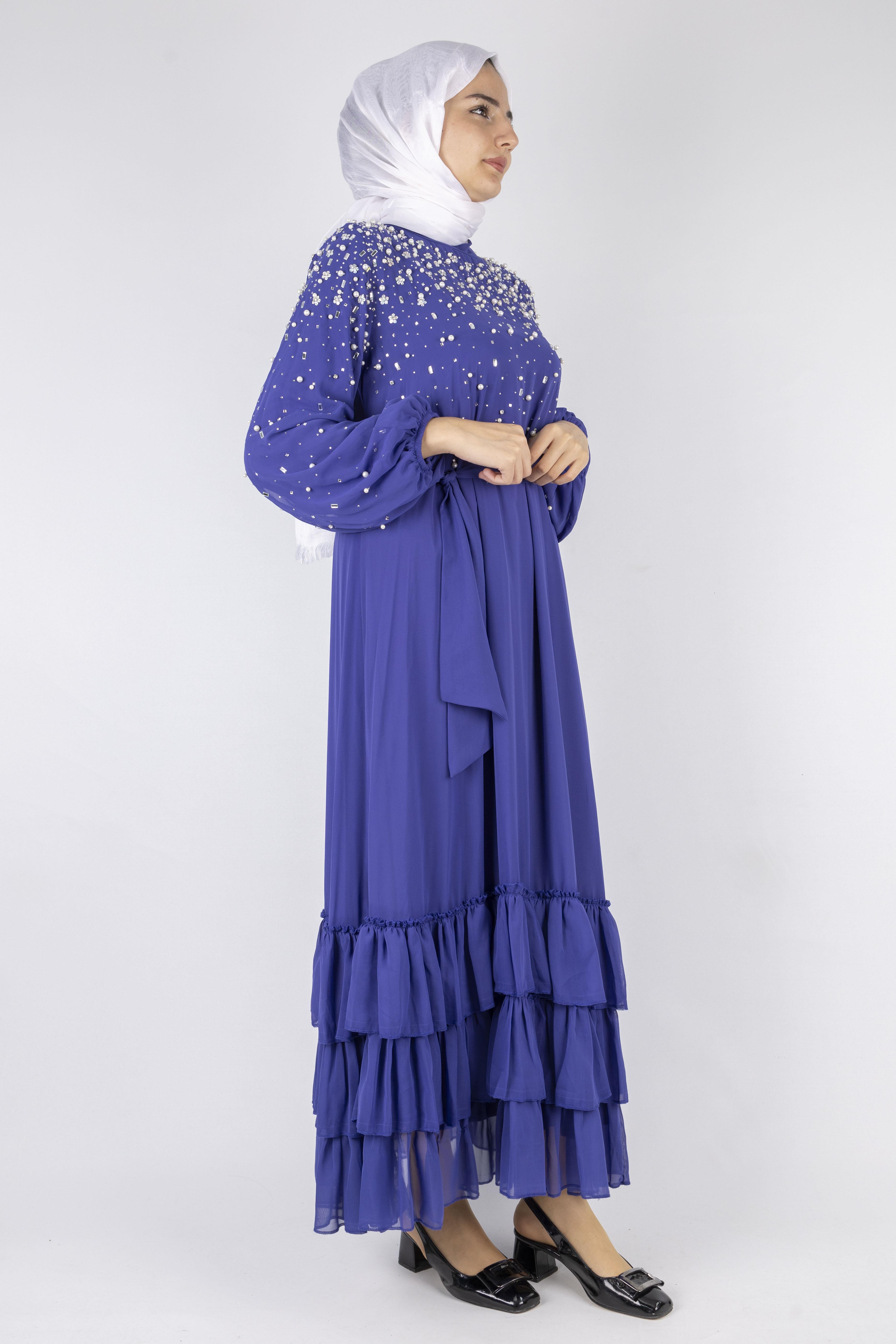 Kat Kat Volanlı İncili Şifon Elbise Parlement OTW4150