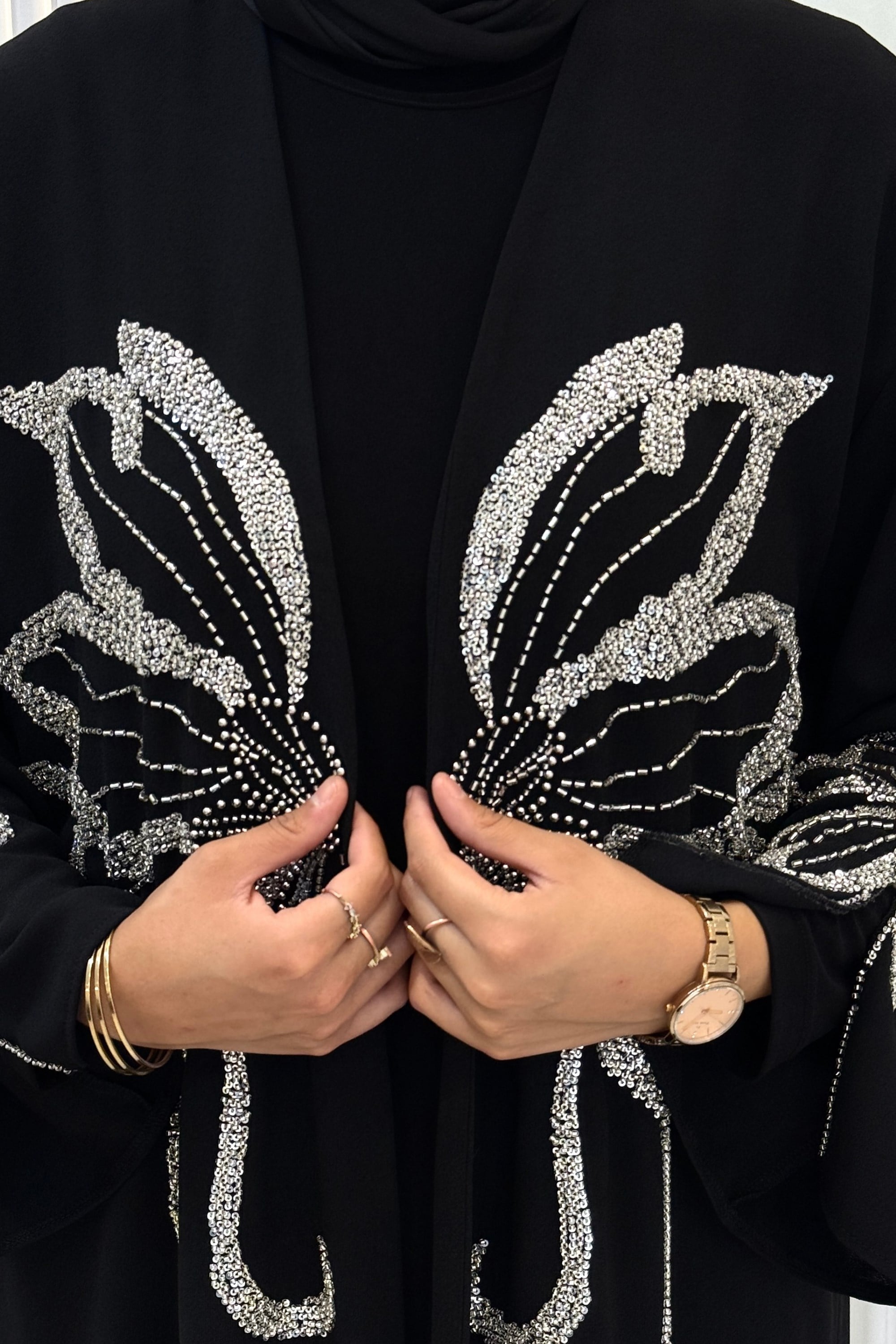 Kelebek Taş İşlemeli Tesettür Abaya Siyah OTW9792