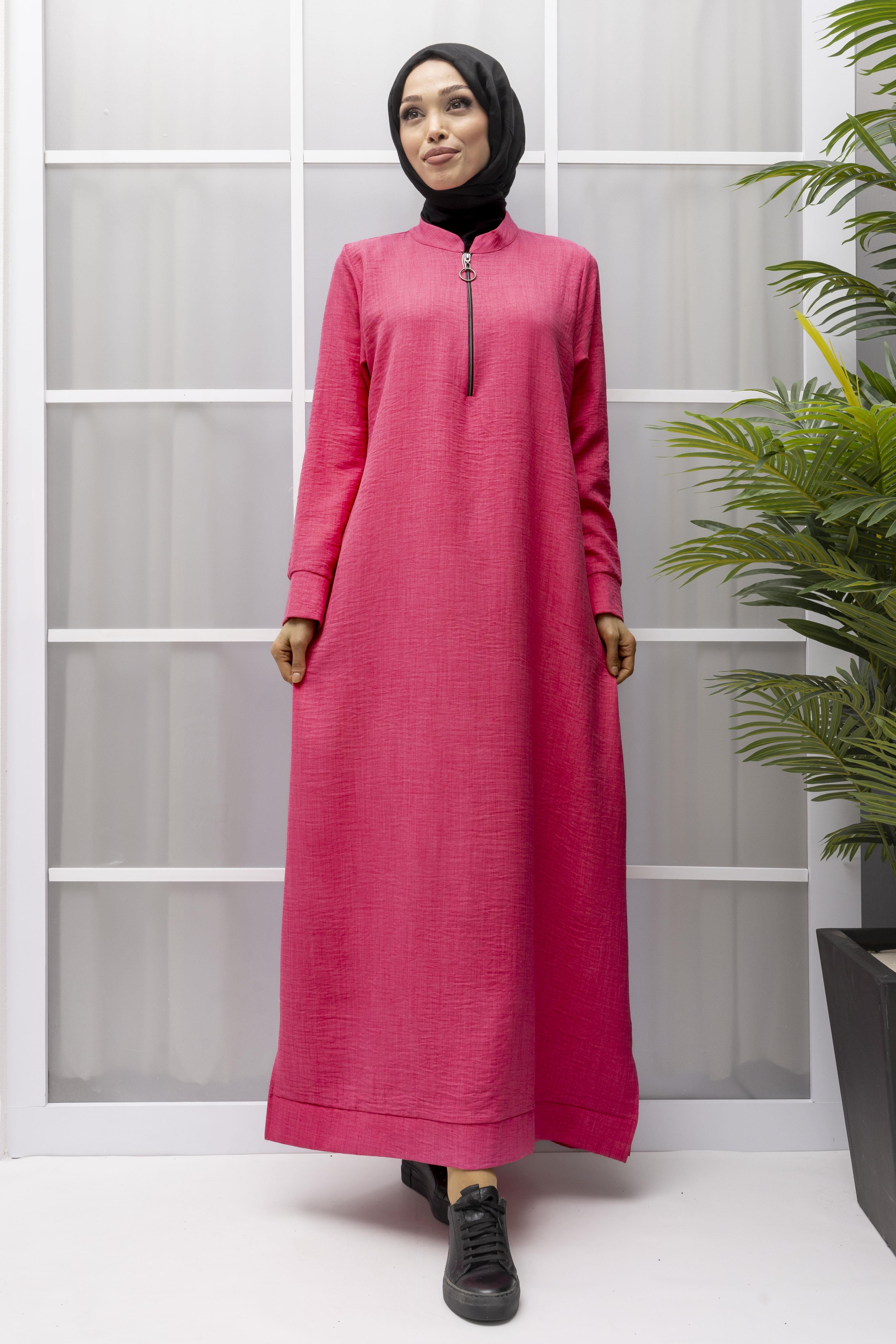 KETEN FERMUARLI GÜNLÜK ELBİSE Pembe OTW2086